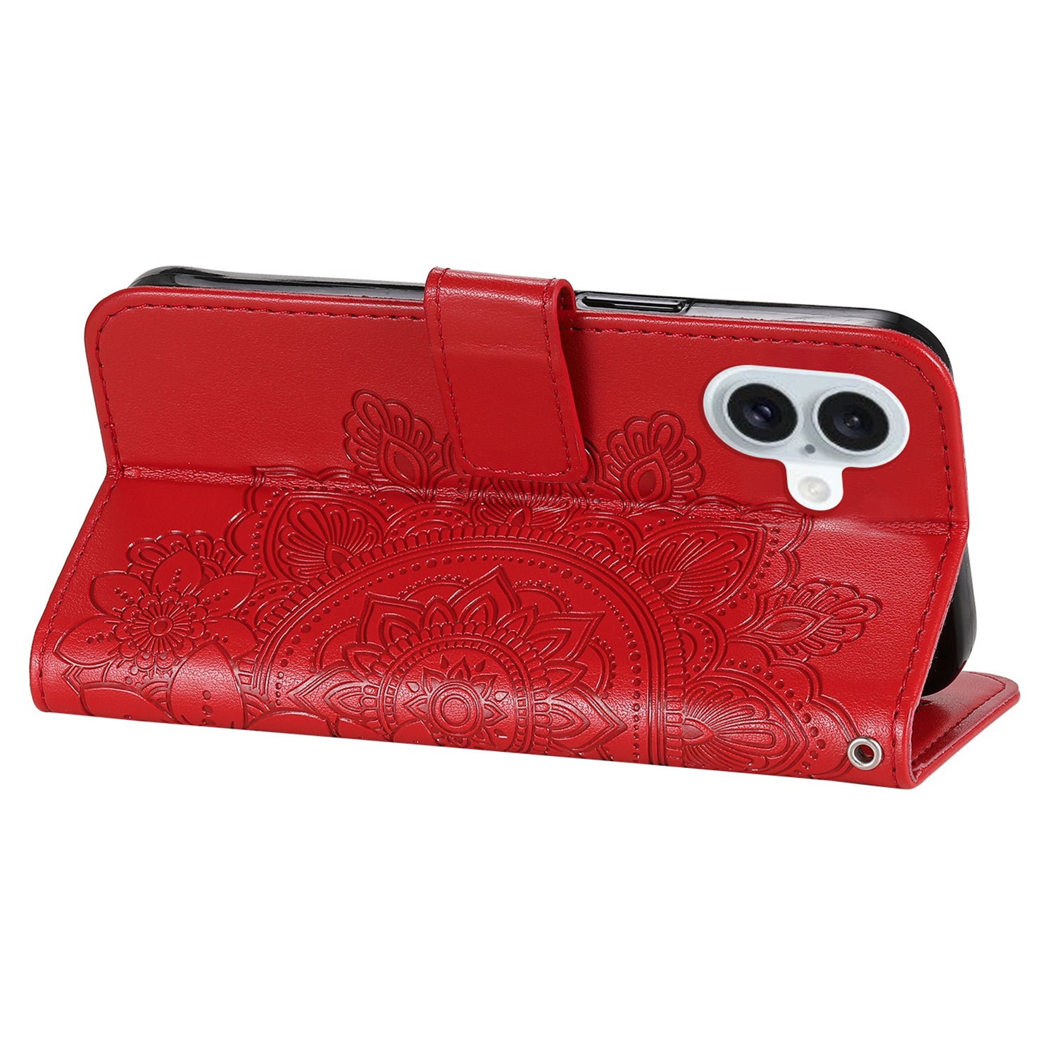 For iPhone 16 Case Flower Imprinted PU Leather Wallet Shockproof Phone Cover - Red