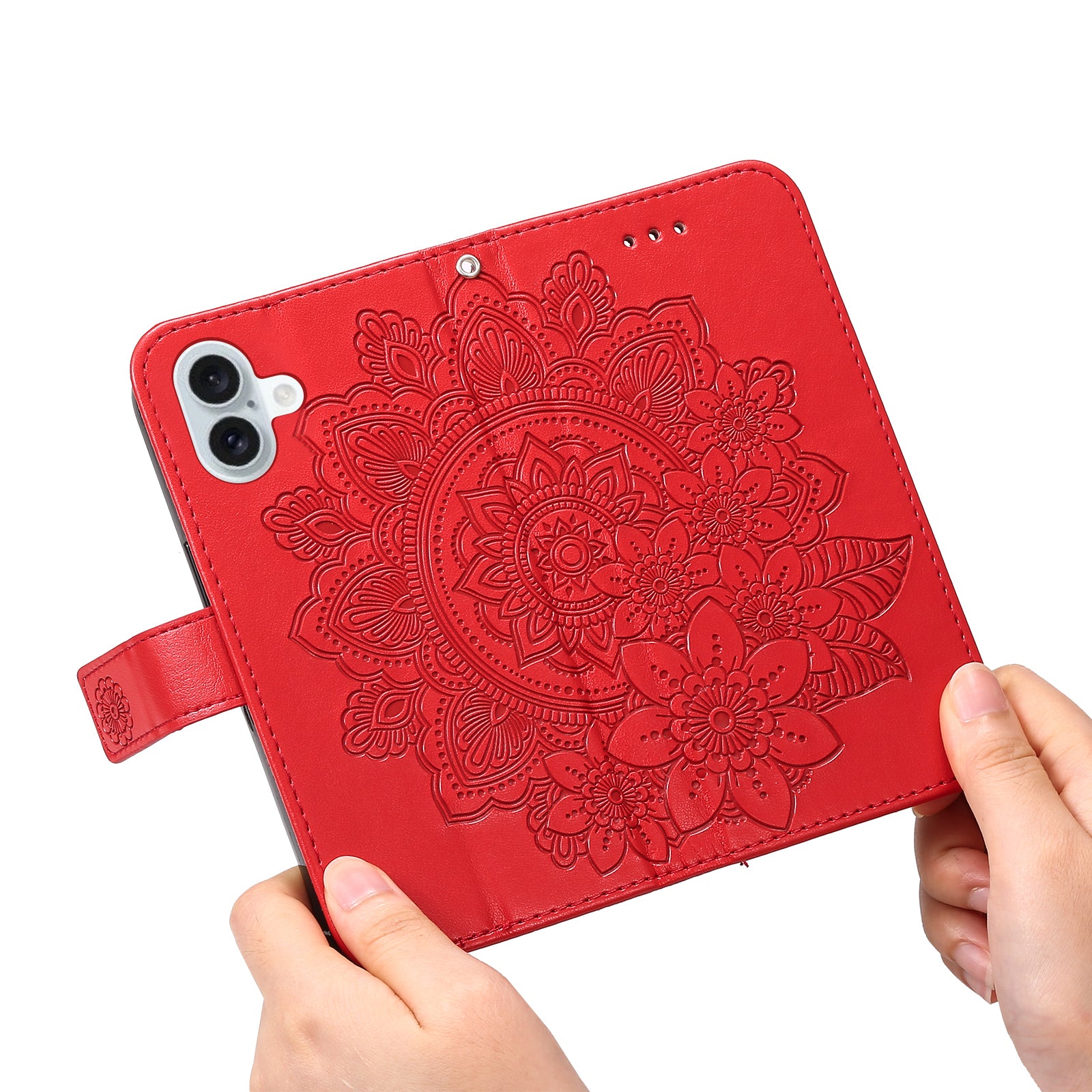 For iPhone 16 Case Flower Imprinted PU Leather Wallet Shockproof Phone Cover - Red