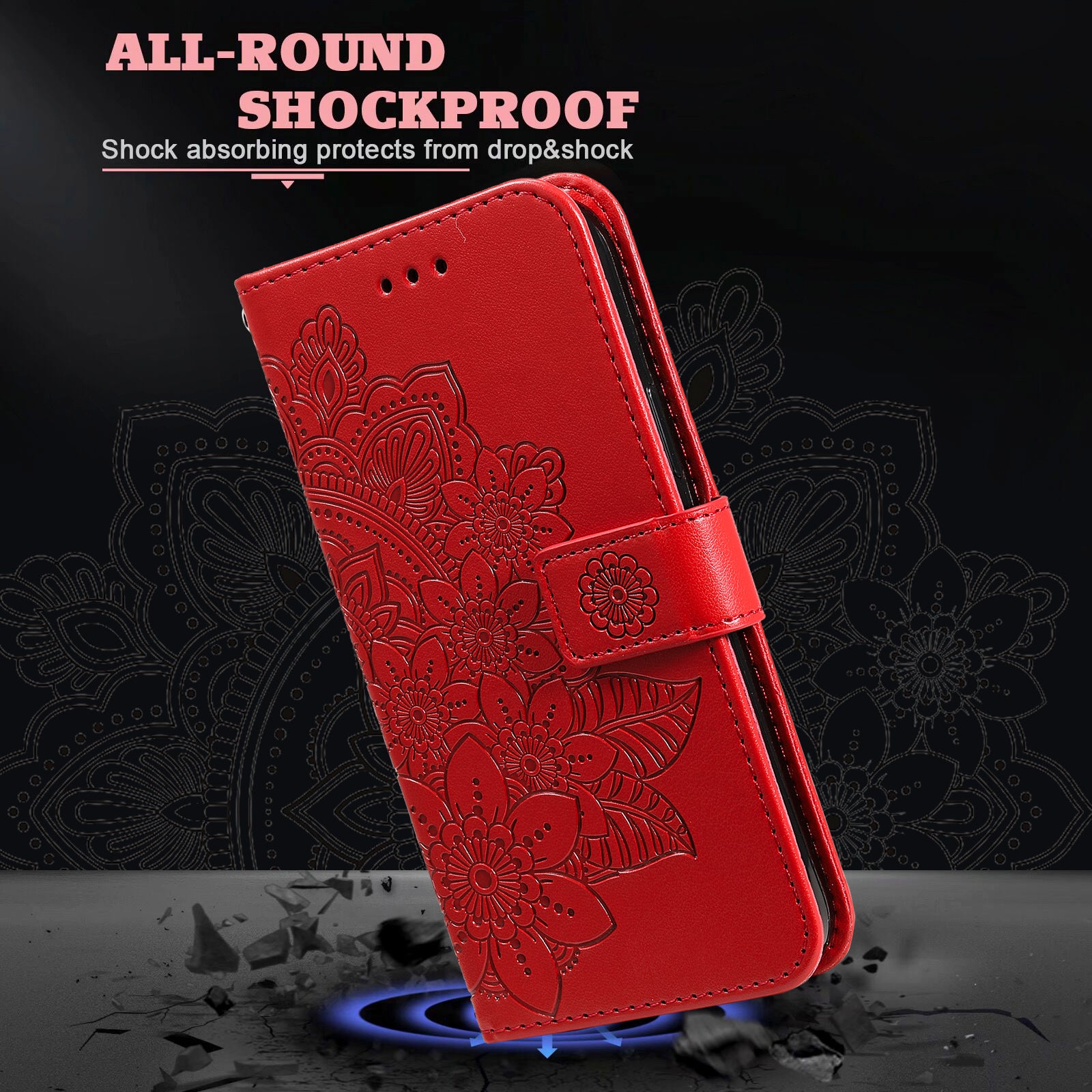 For iPhone 16 Case Flower Imprinted PU Leather Wallet Shockproof Phone Cover - Red