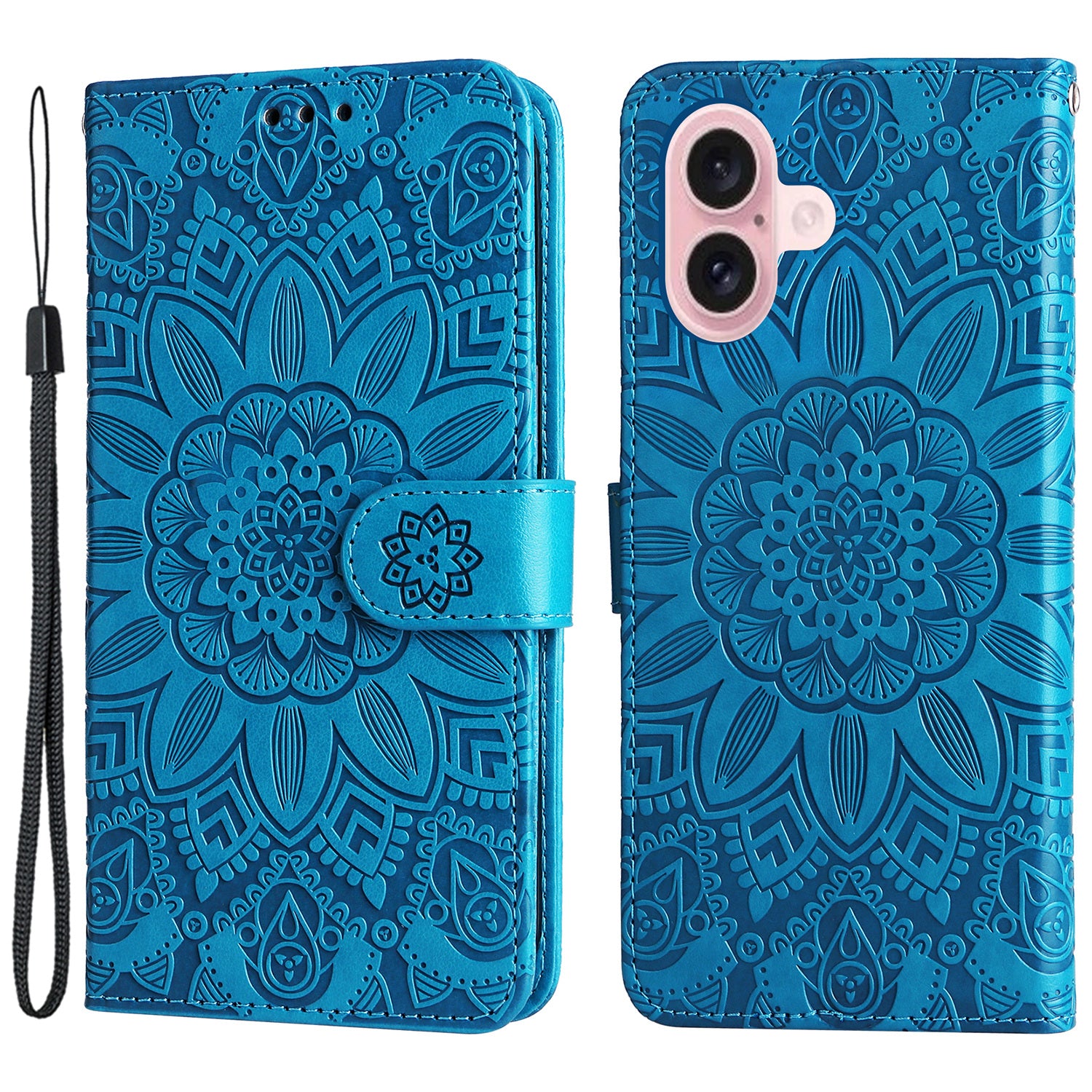 For iPhone 16 PU Leather Phone Stand Case Imprinted Sunflower Card Holder Phone Cover - Blue