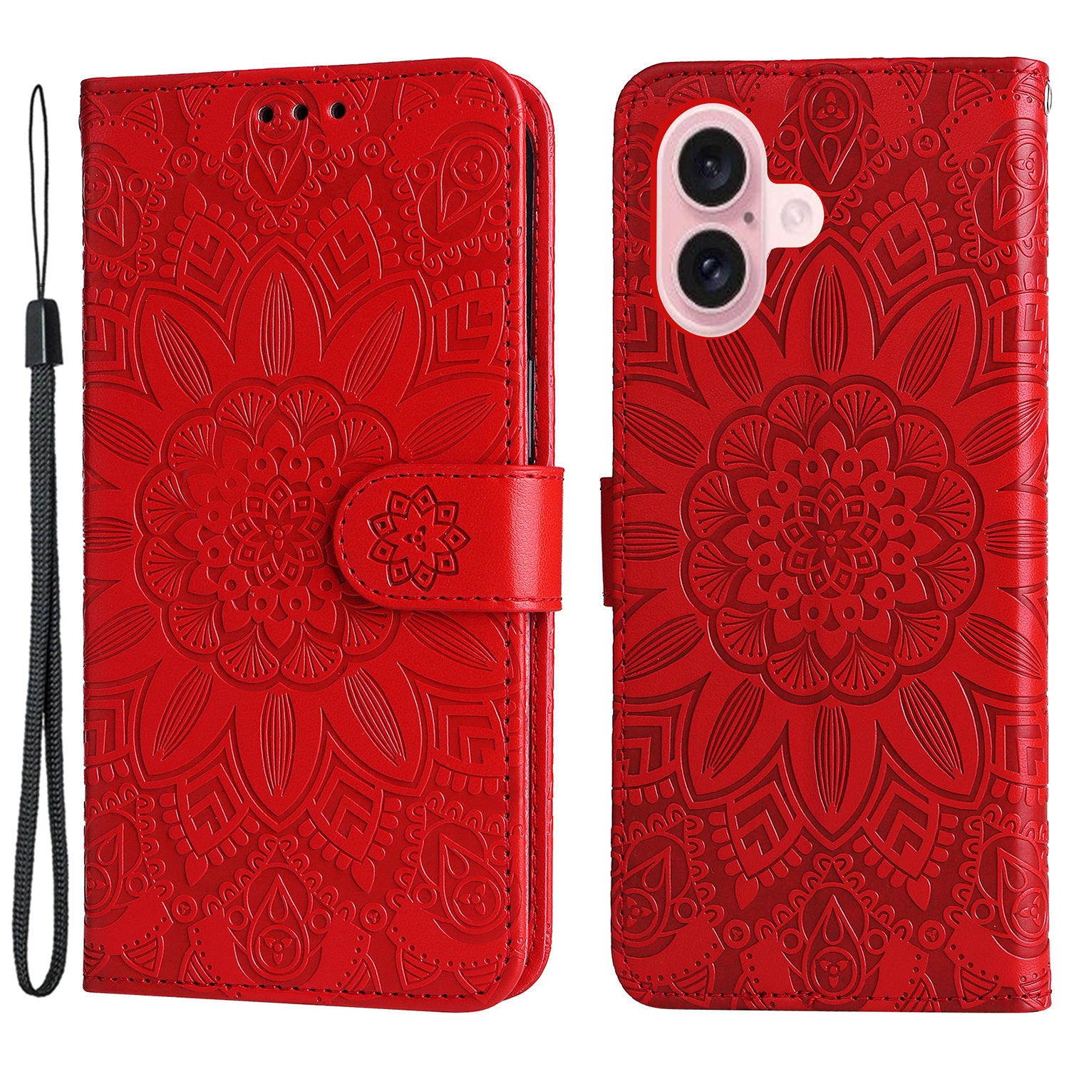 For iPhone 16 PU Leather Phone Stand Case Imprinted Sunflower Card Holder Phone Cover - Red