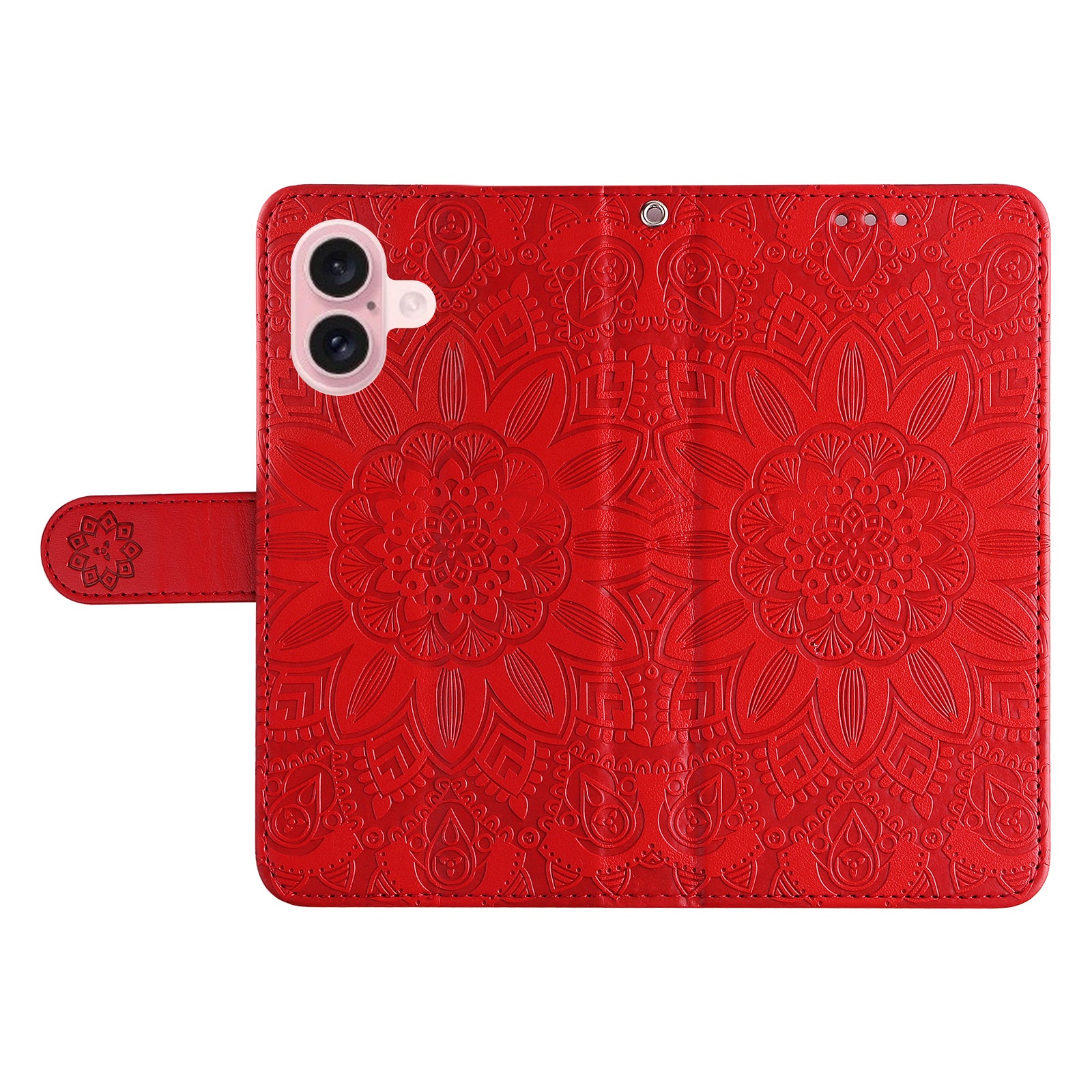 For iPhone 16 PU Leather Phone Stand Case Imprinted Sunflower Card Holder Phone Cover - Red