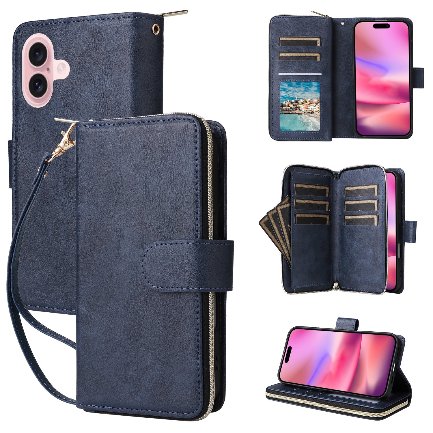 For iPhone 16 Case 9 Card Slots PU Leather Zipper Wallet Phone Cover - Blue