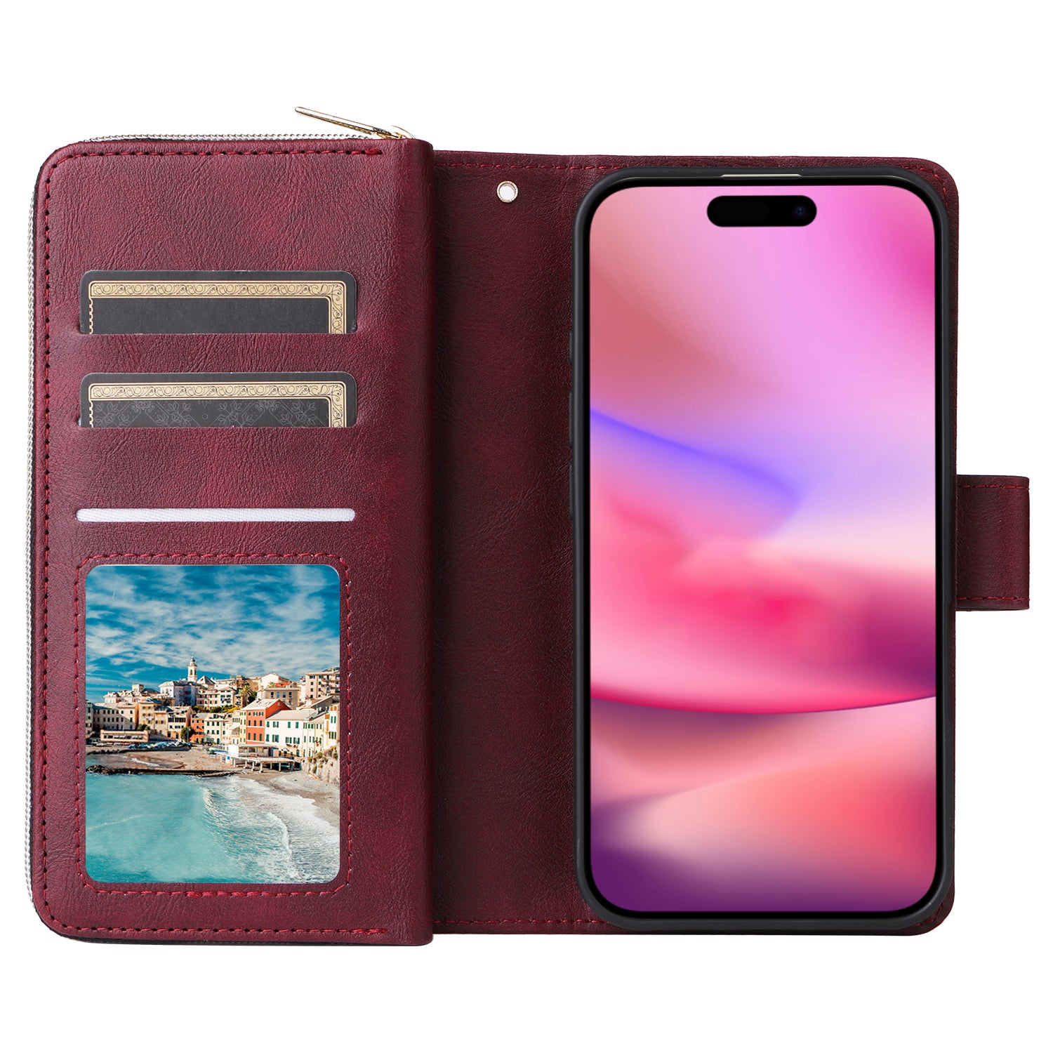 For iPhone 16 Case 9 Card Slots PU Leather Zipper Wallet Phone Cover - Wine Red