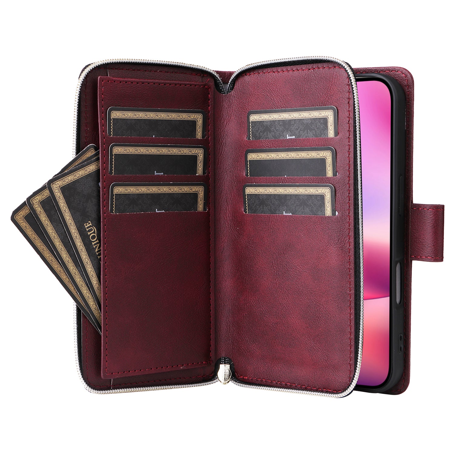 For iPhone 16 Case 9 Card Slots PU Leather Zipper Wallet Phone Cover - Wine Red