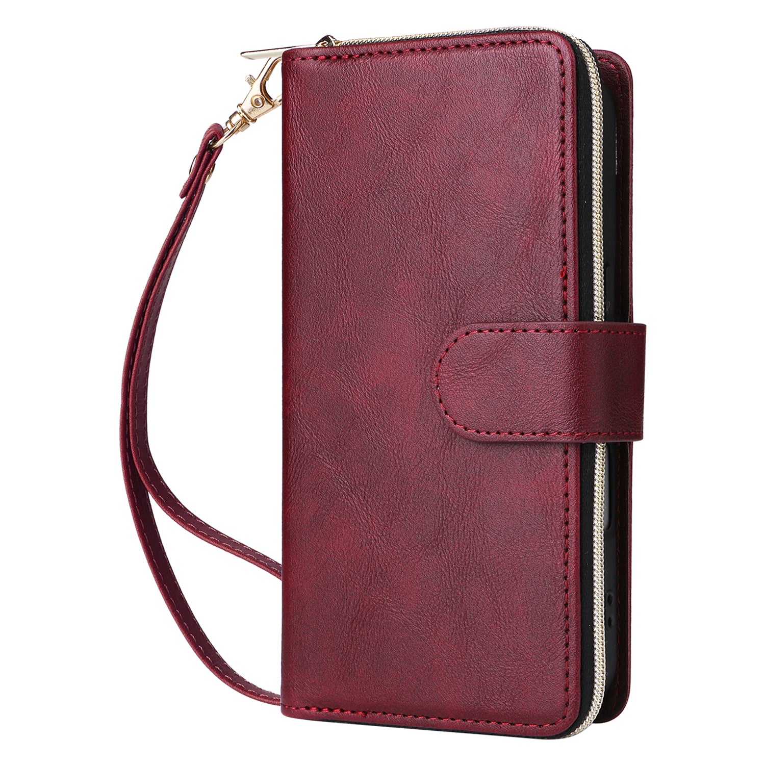 For iPhone 16 Case 9 Card Slots PU Leather Zipper Wallet Phone Cover - Wine Red