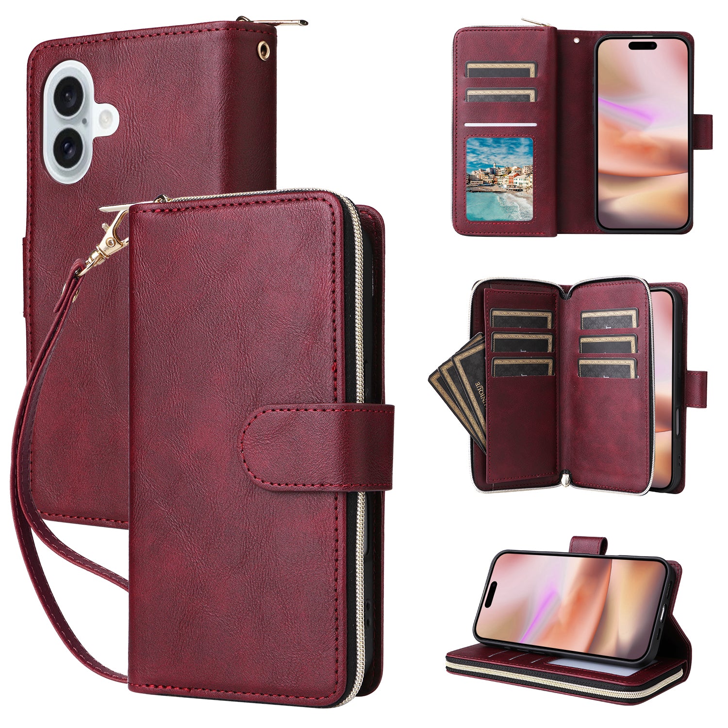 For iPhone 16 Plus Case PU Leather Phone Cover 9 Card Slots Zipper Pocket Hand Strap - Wine Red