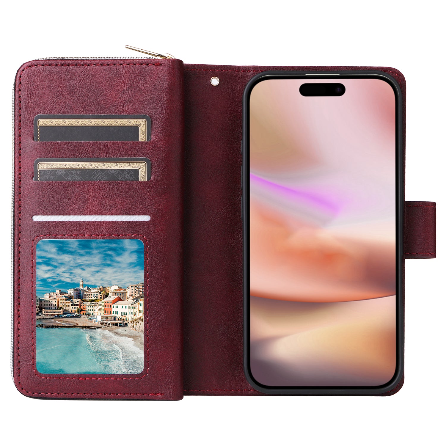 For iPhone 16 Plus Case PU Leather Phone Cover 9 Card Slots Zipper Pocket Hand Strap - Wine Red