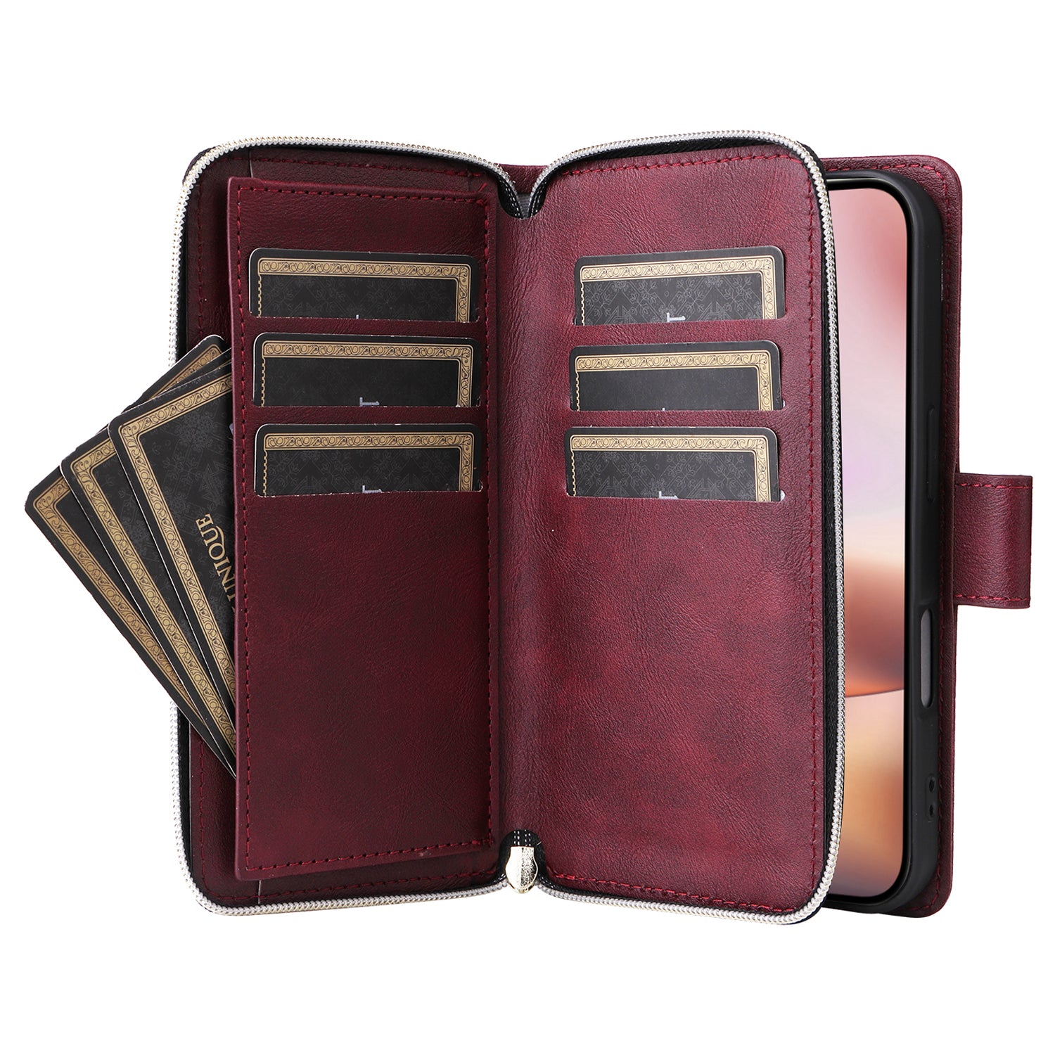 For iPhone 16 Plus Case PU Leather Phone Cover 9 Card Slots Zipper Pocket Hand Strap - Wine Red