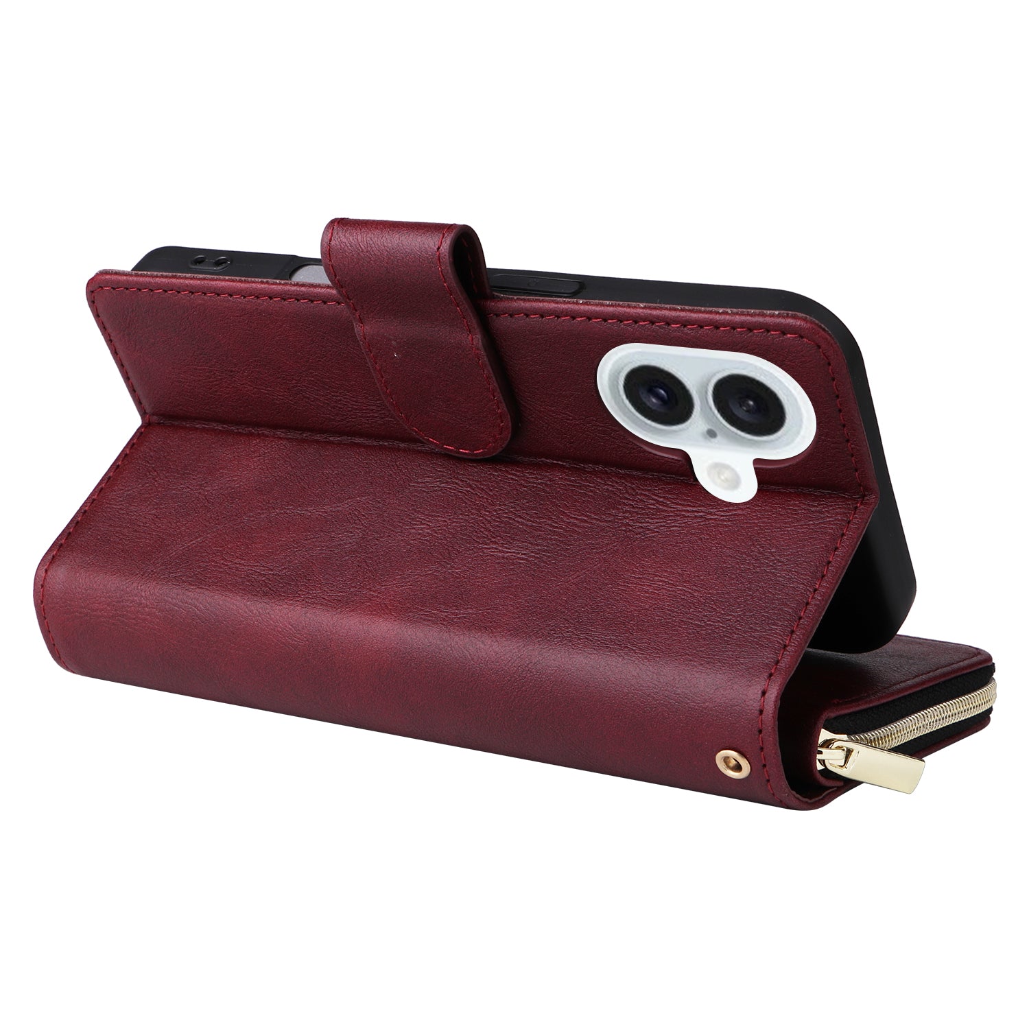 For iPhone 16 Plus Case PU Leather Phone Cover 9 Card Slots Zipper Pocket Hand Strap - Wine Red