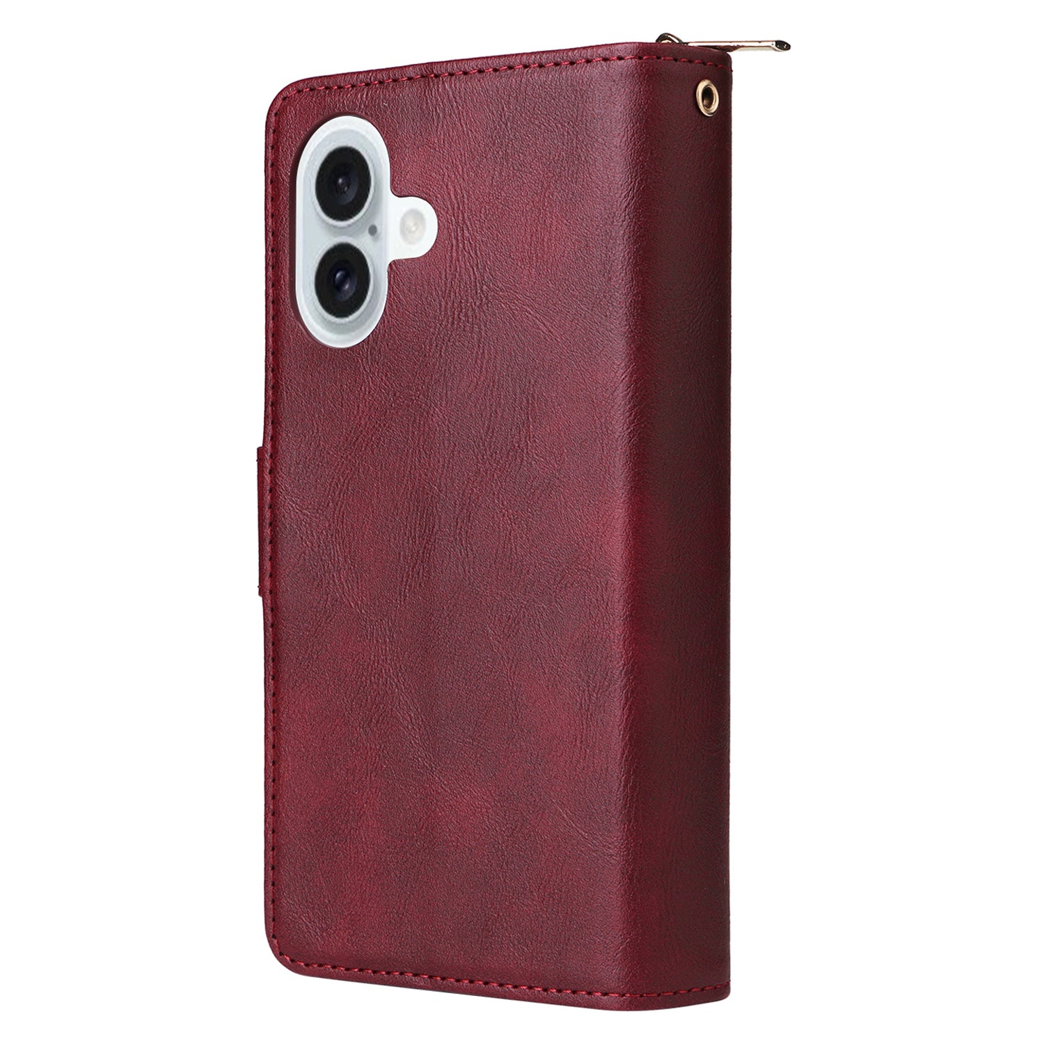 For iPhone 16 Plus Case PU Leather Phone Cover 9 Card Slots Zipper Pocket Hand Strap - Wine Red