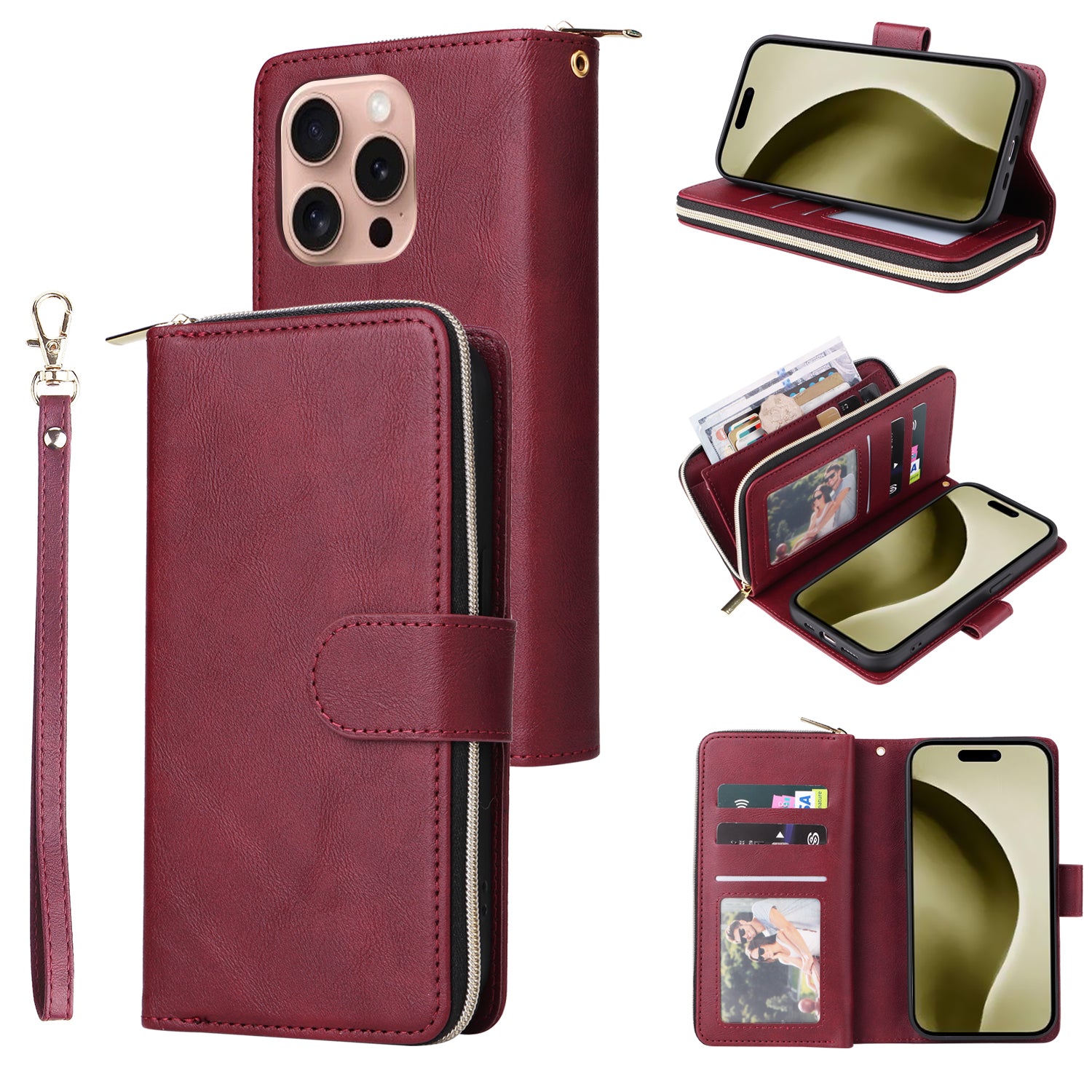 For iPhone 16 Pro Case PU Leather Zipper Phone Cover with 9 Card Slots - Wine Red