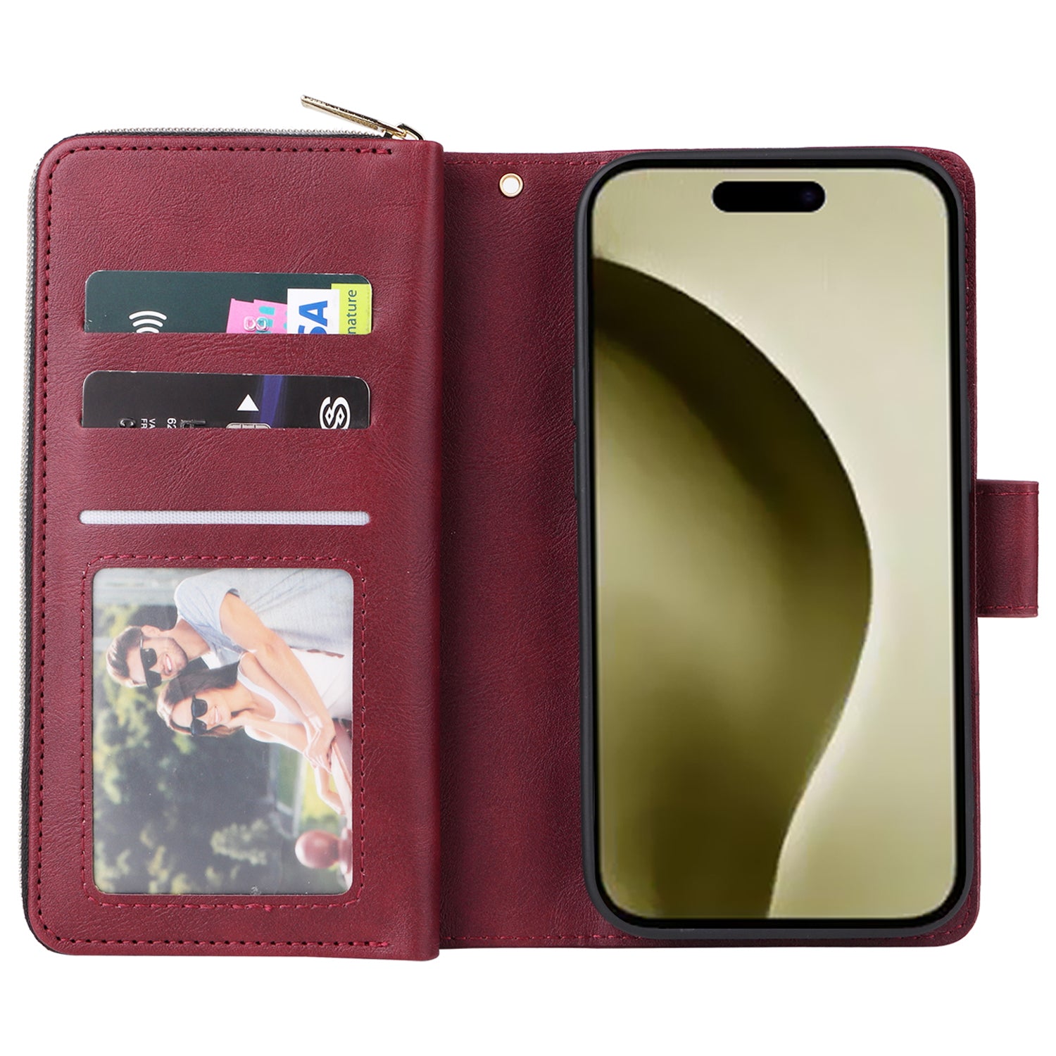 For iPhone 16 Pro Case PU Leather Zipper Phone Cover with 9 Card Slots - Wine Red