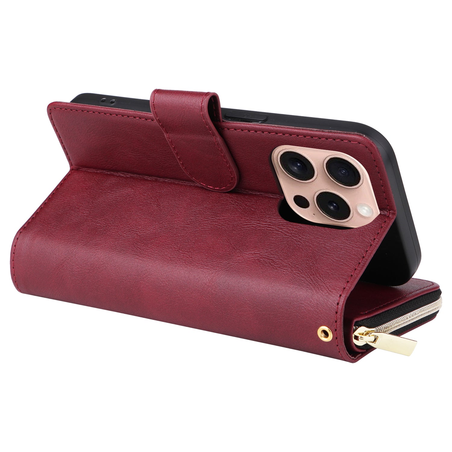 For iPhone 16 Pro Case PU Leather Zipper Phone Cover with 9 Card Slots - Wine Red