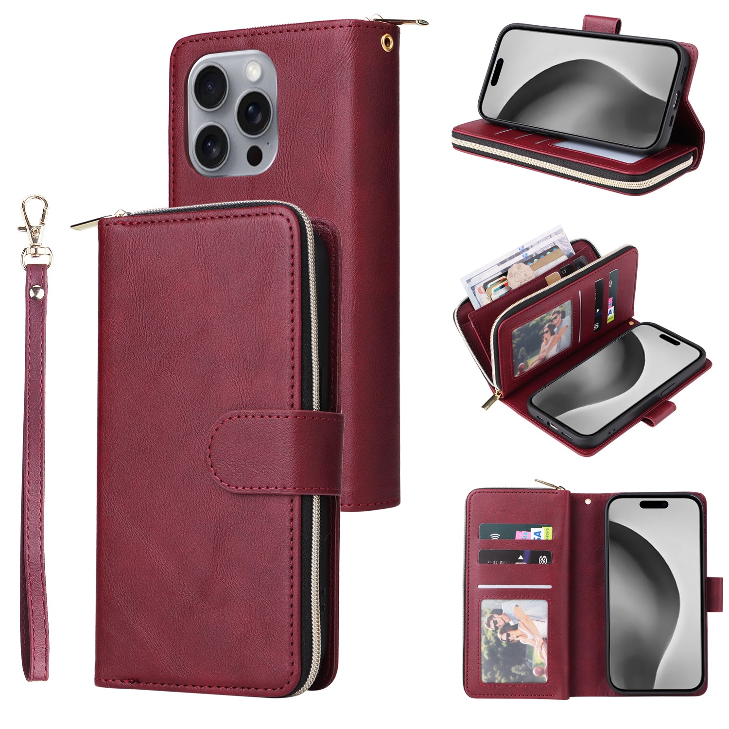 For iPhone 16 Pro Max Case Zipper Leather Phone Cover 9 Card Slots - Wine Red