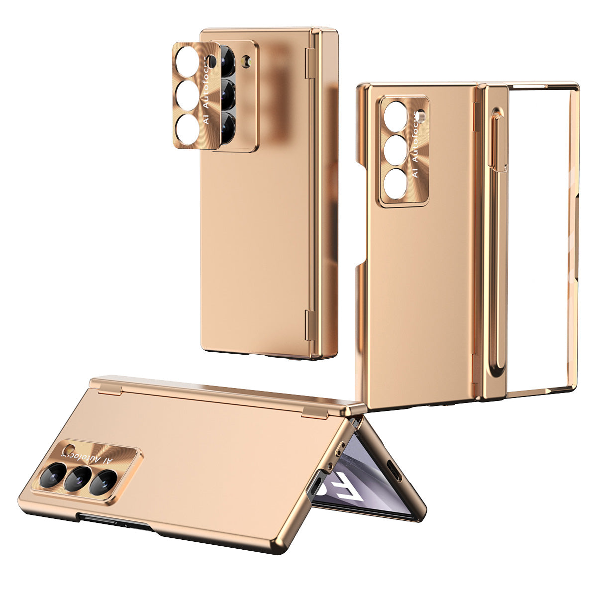 For Samsung Galaxy Z Fold6 5G Phone Case Hard PC Phone Cover with Tempered Glass Film / Stylus - Gold