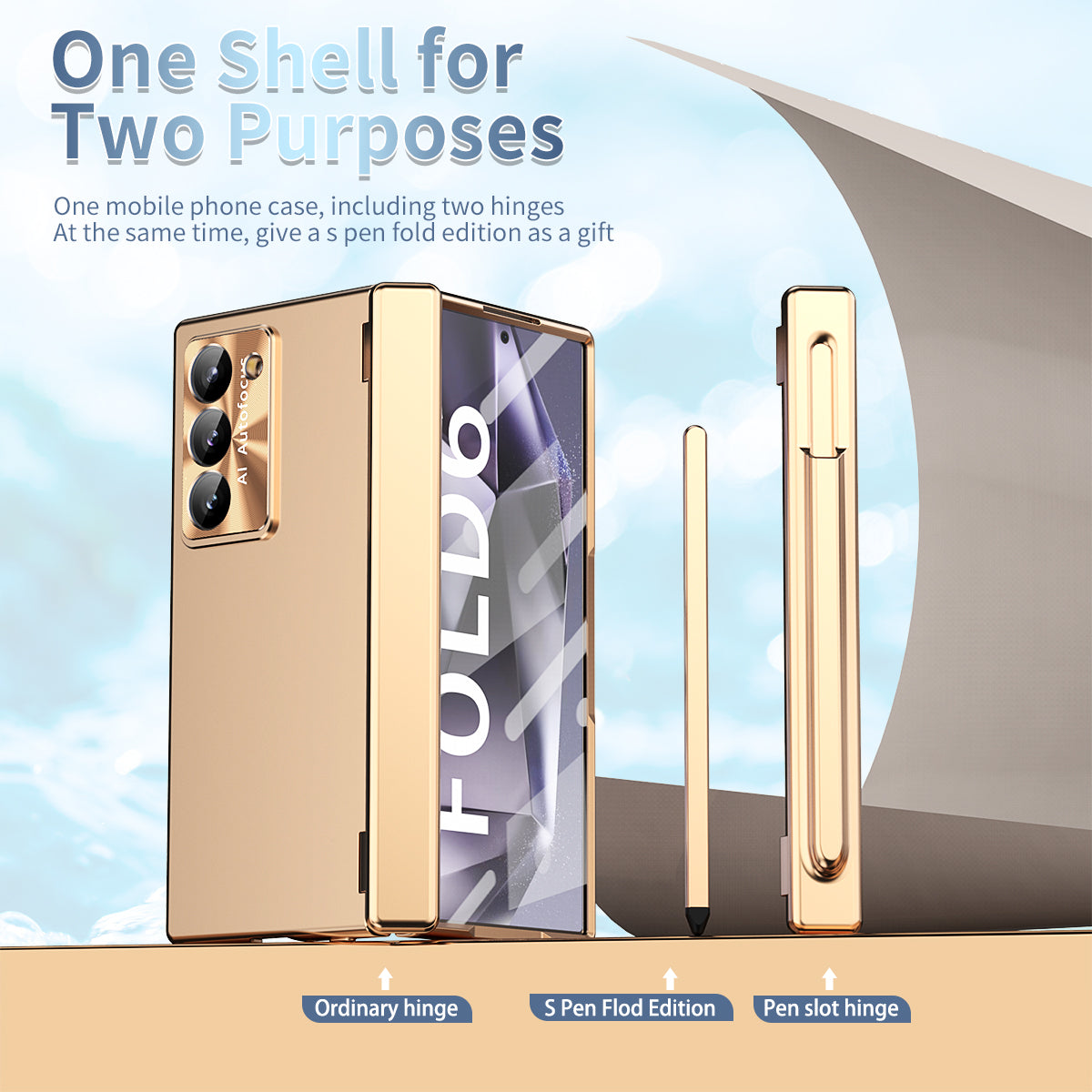 For Samsung Galaxy Z Fold6 5G Phone Case Hard PC Phone Cover with Tempered Glass Film / Stylus - Gold