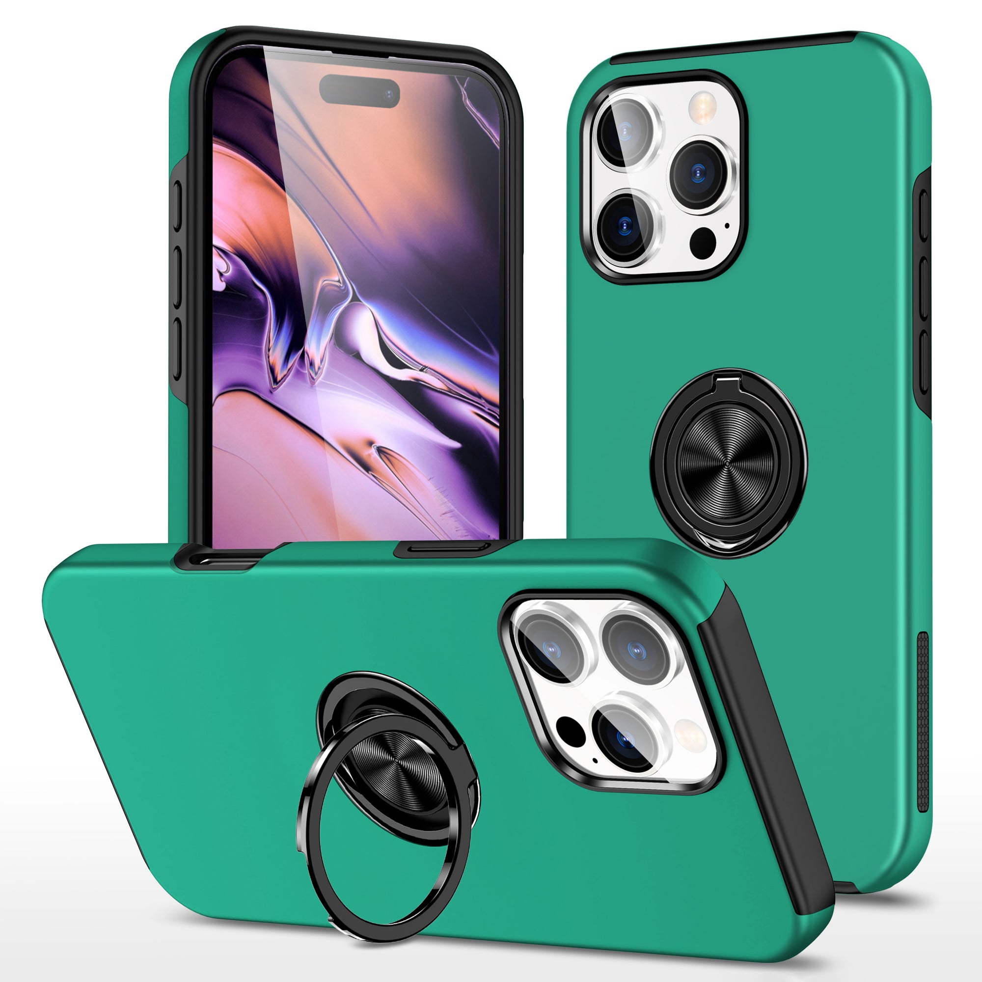 For iPhone 16 Pro Max Case with Ring Holder PC+TPU Anti-Scratch Phone Cover - Blackish Green