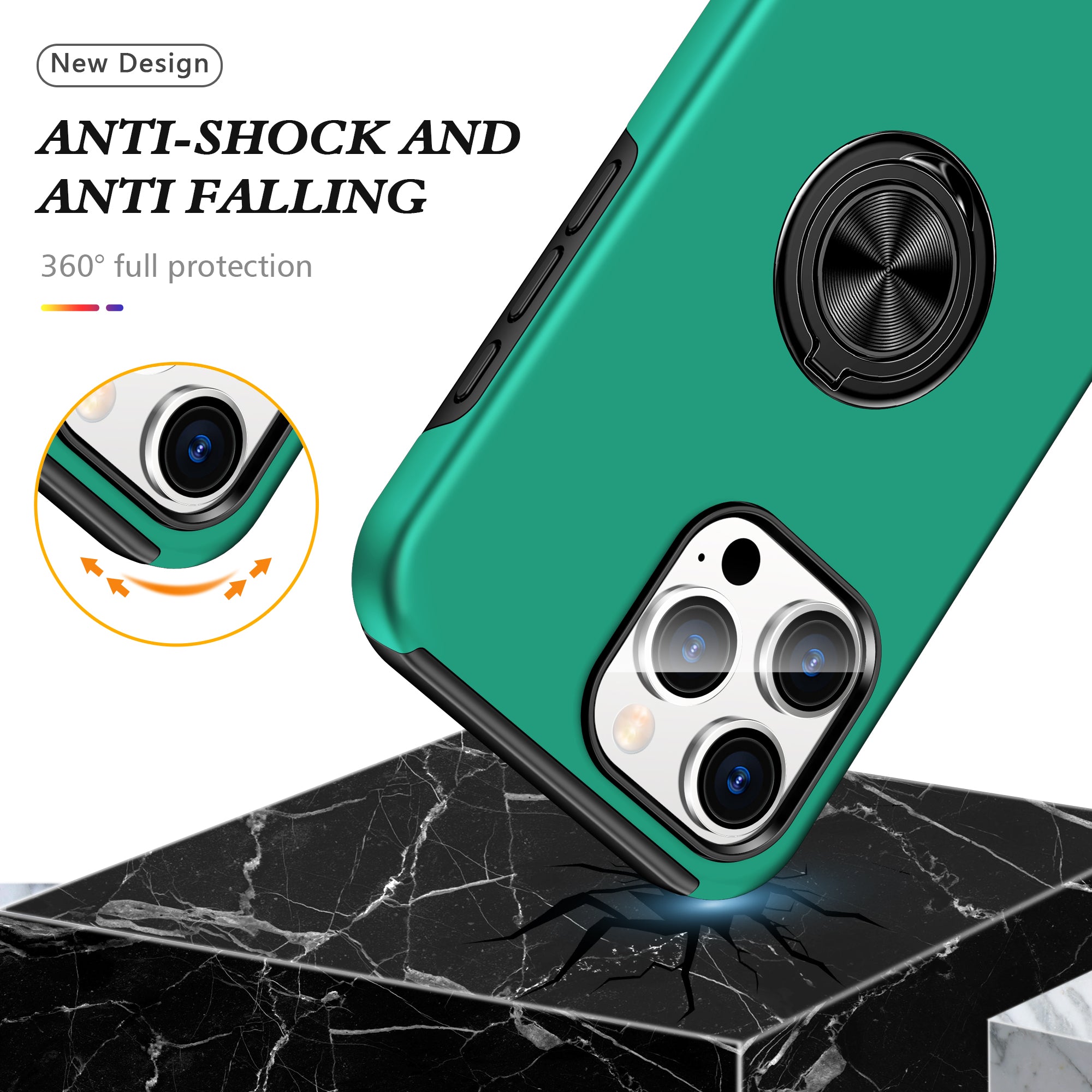 For iPhone 16 Pro Max Case with Ring Holder PC+TPU Anti-Scratch Phone Cover - Blackish Green