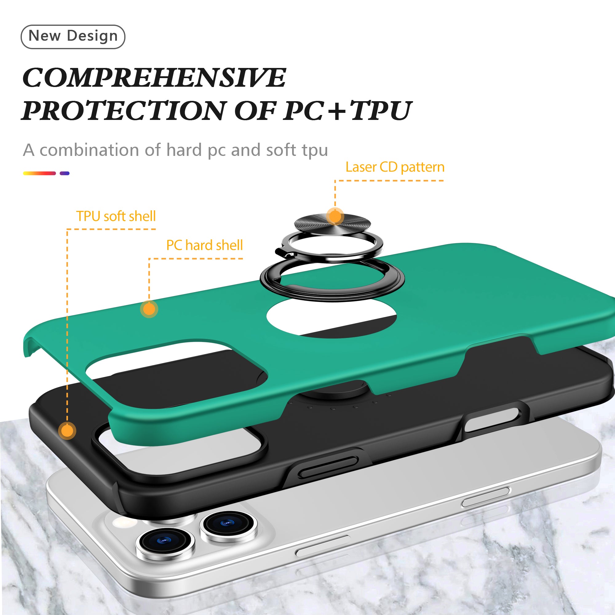 For iPhone 16 Pro Max Case with Ring Holder PC+TPU Anti-Scratch Phone Cover - Blackish Green