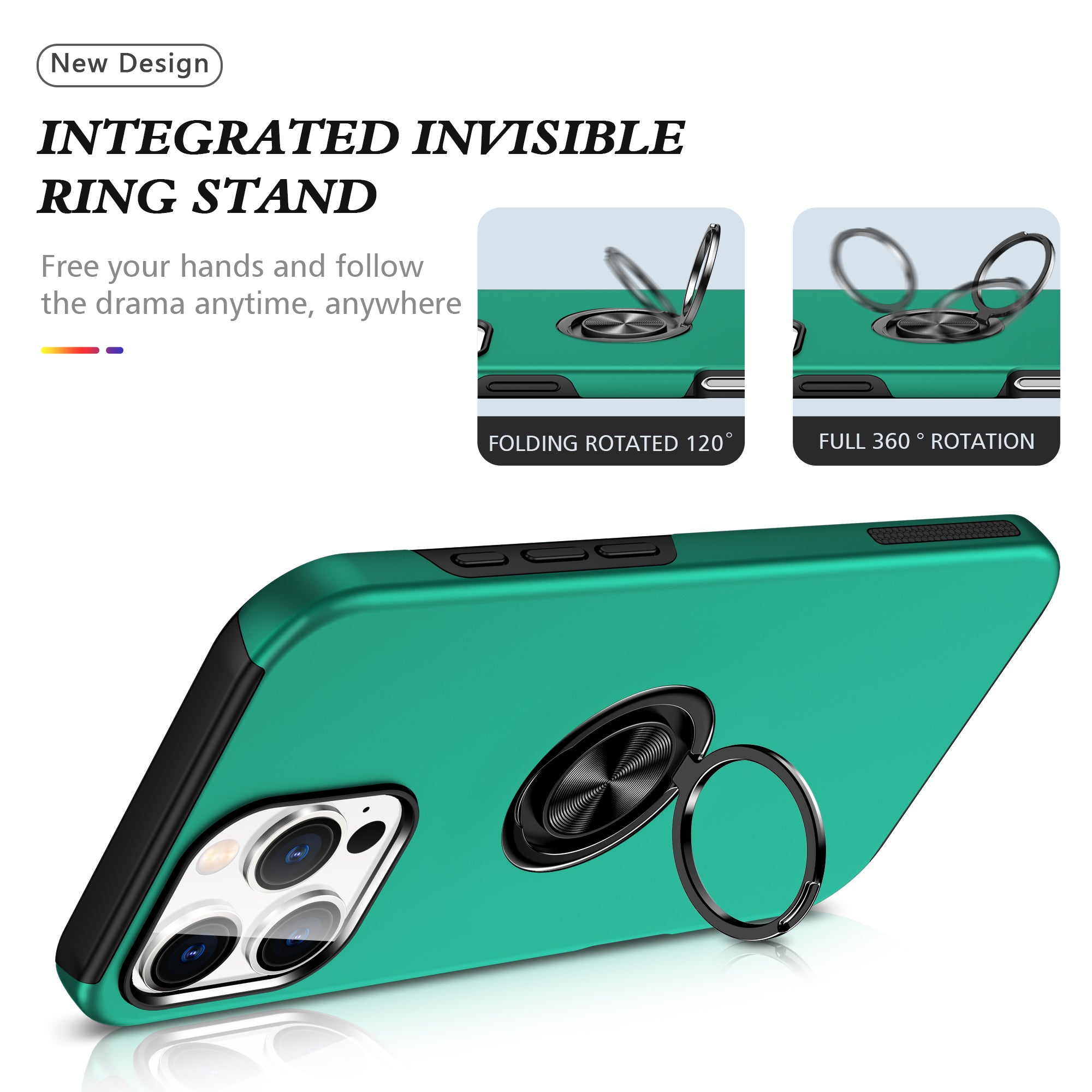 For iPhone 16 Pro Max Case with Ring Holder PC+TPU Anti-Scratch Phone Cover - Blackish Green