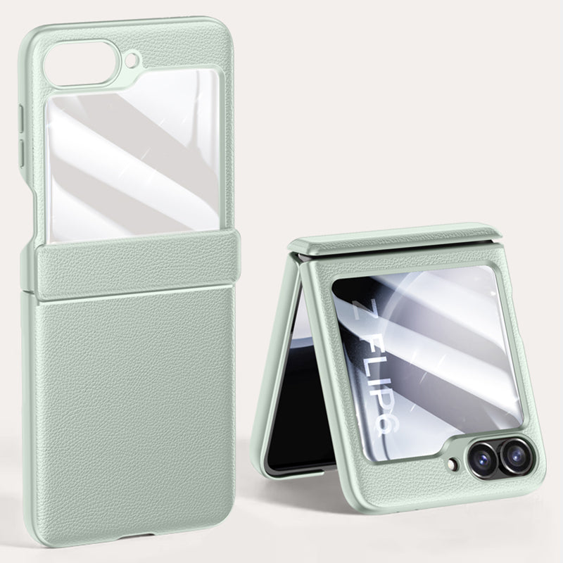 For Samsung Galaxy Z Flip6 5G Case Leather+PC Hinge Design Phone Cover with Rear Screen Film - Mint Green