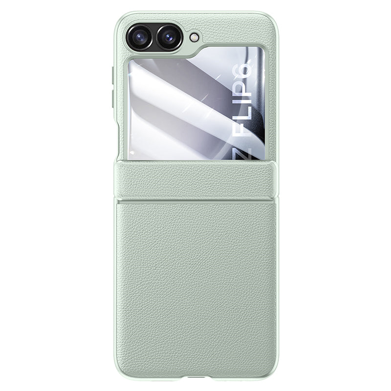 For Samsung Galaxy Z Flip6 5G Case Leather+PC Hinge Design Phone Cover with Rear Screen Film - Mint Green