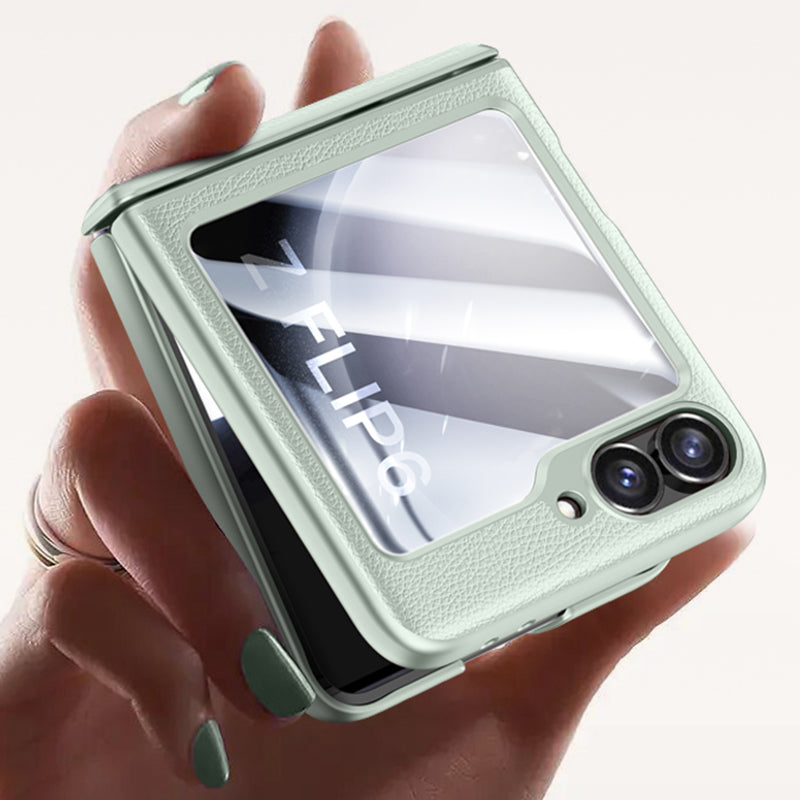 For Samsung Galaxy Z Flip6 5G Case Leather+PC Hinge Design Phone Cover with Rear Screen Film - Mint Green