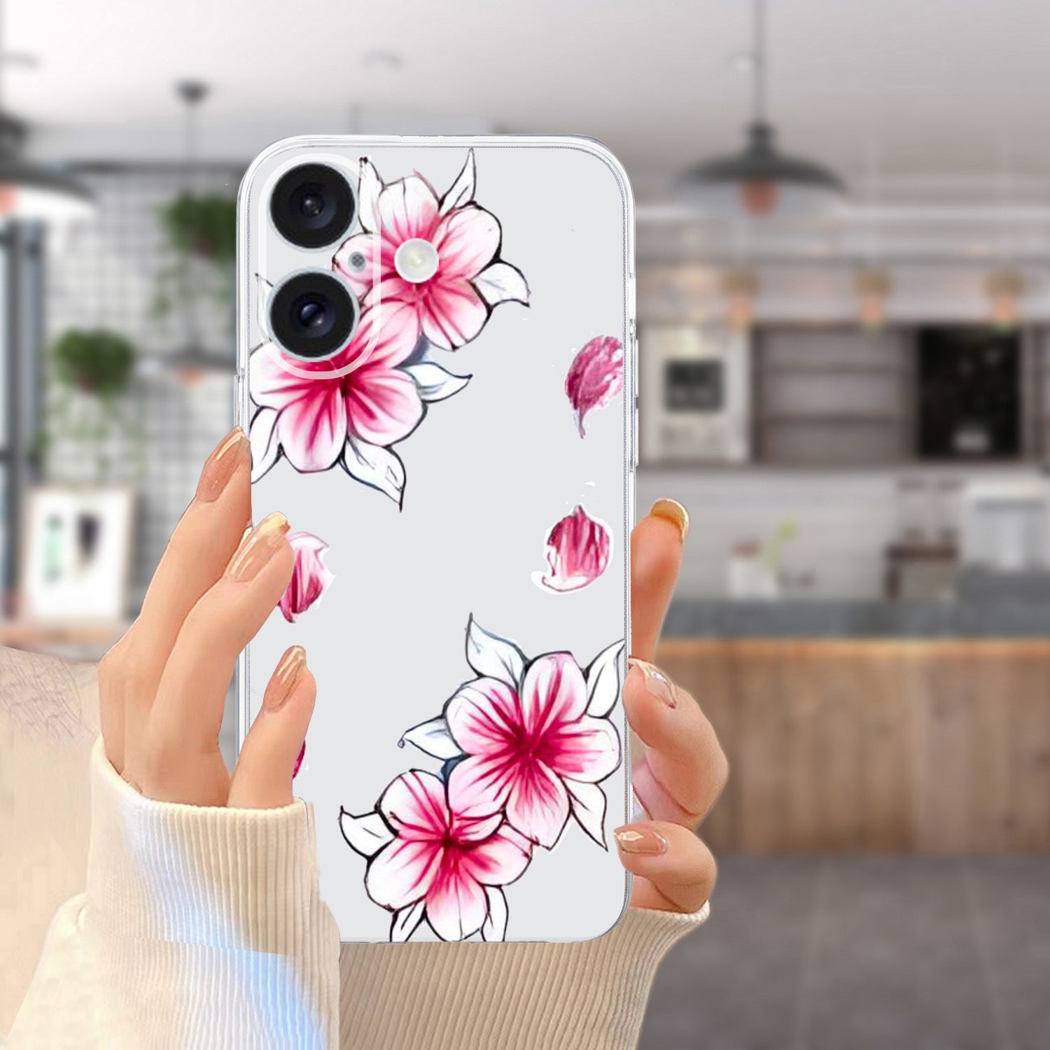 For iPhone 16 Case Soft TPU Pattern Printing Phone Cover with Transparent Edge - Cherry Blossom