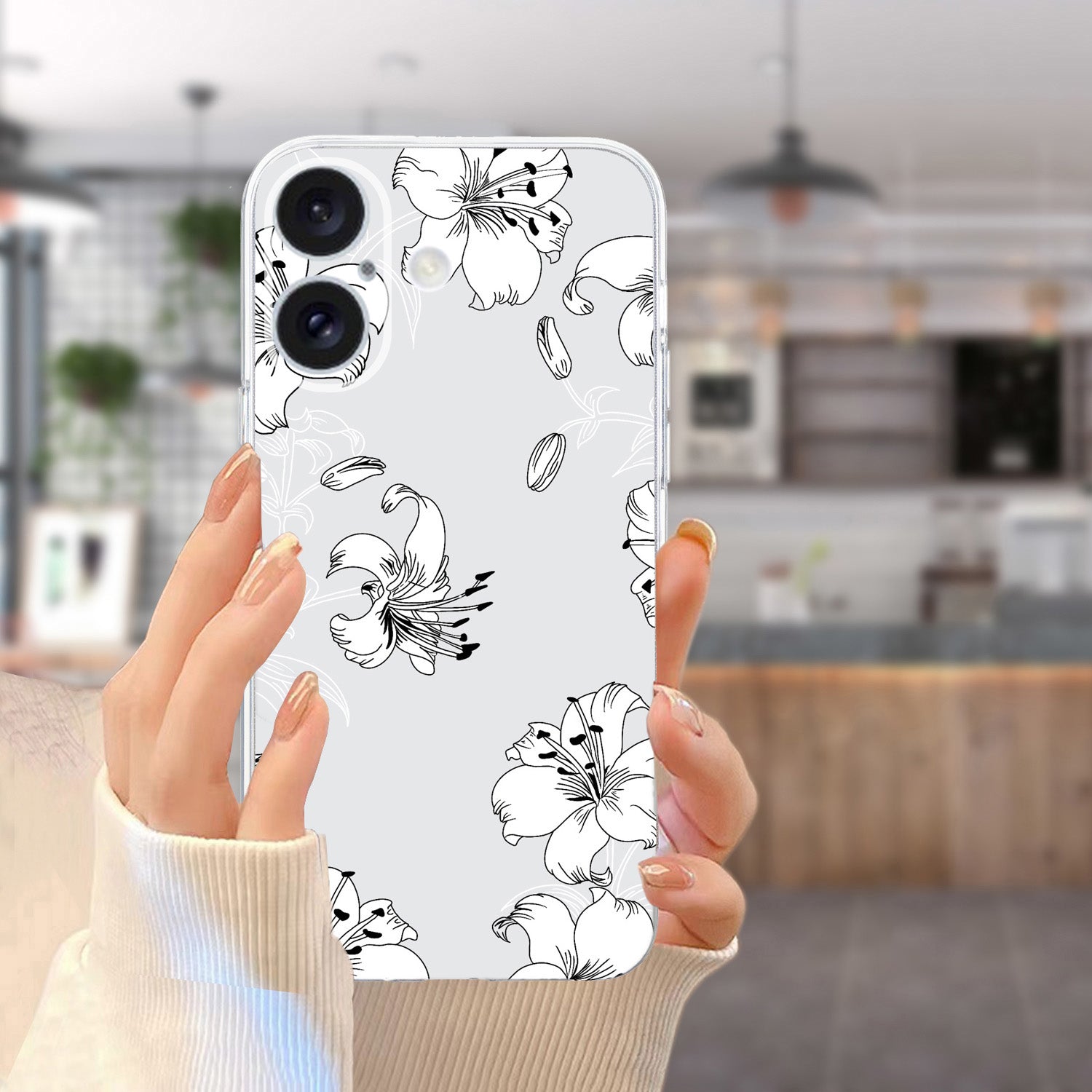 For iPhone 16 Case Soft TPU Pattern Printing Phone Cover with Transparent Edge - White Flower