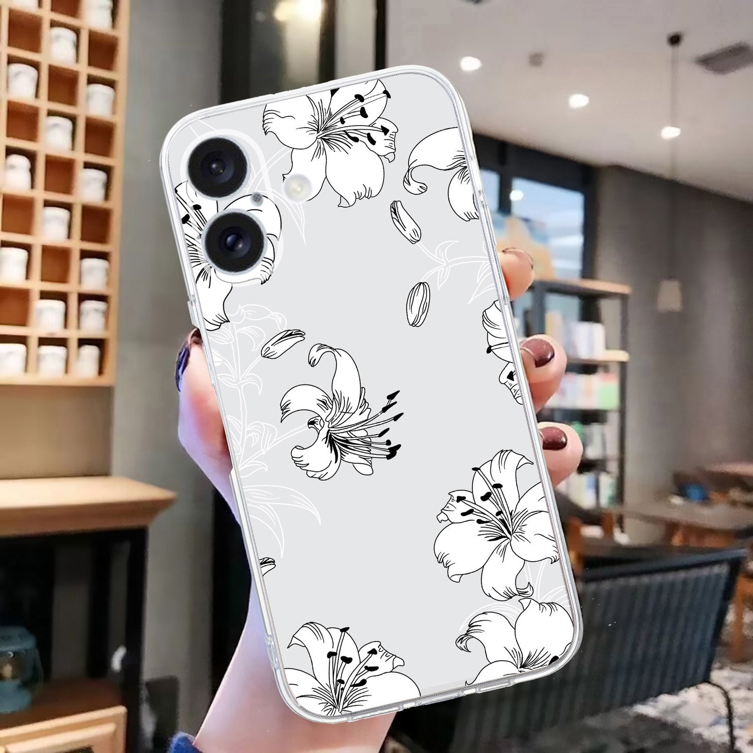 For iPhone 16 Case Soft TPU Pattern Printing Phone Cover with Transparent Edge - White Flower