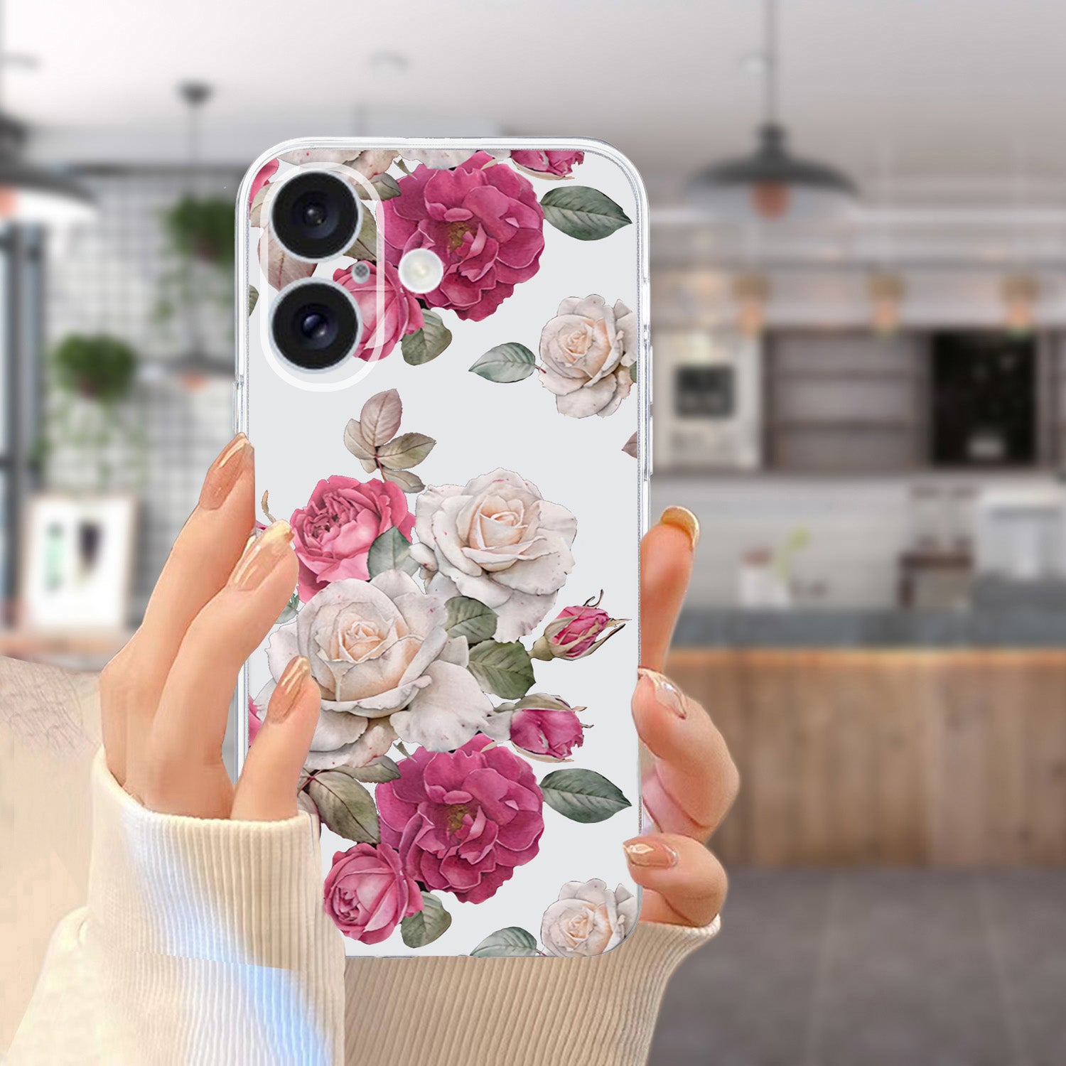 For iPhone 16 Case Soft TPU Pattern Printing Phone Cover with Transparent Edge - Peony