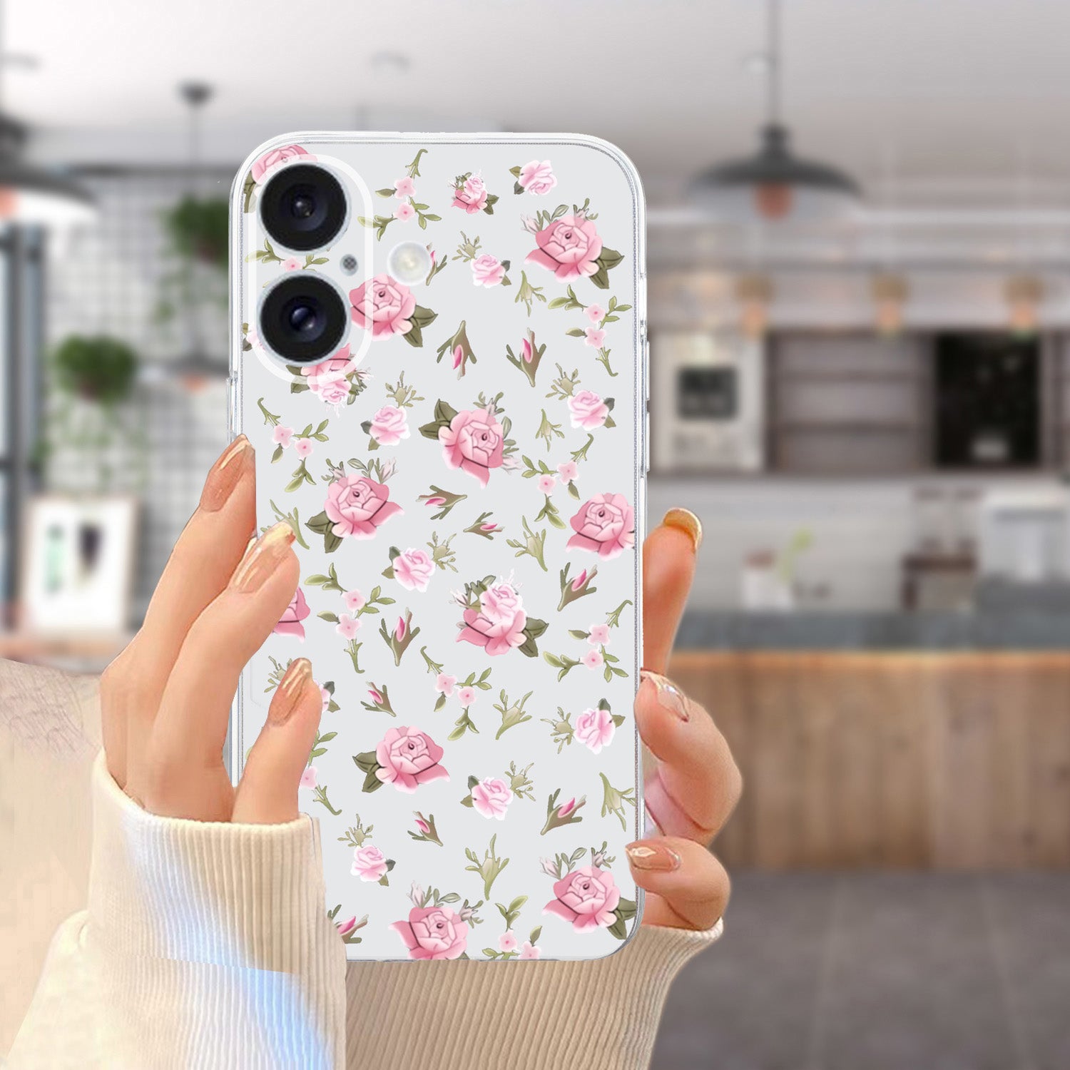 For iPhone 16 Case Soft TPU Pattern Printing Phone Cover with Transparent Edge - Pink Flower