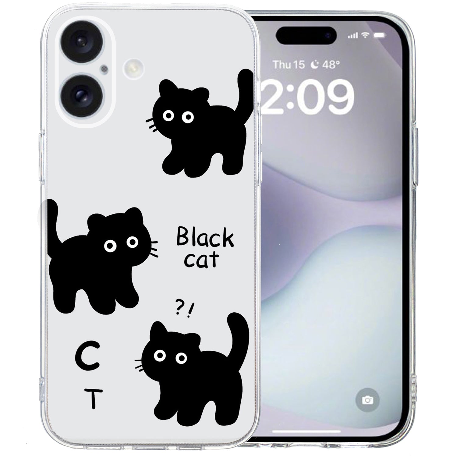 For iPhone 16 Case Soft TPU Pattern Printing Phone Cover with Transparent Edge - Black Cat