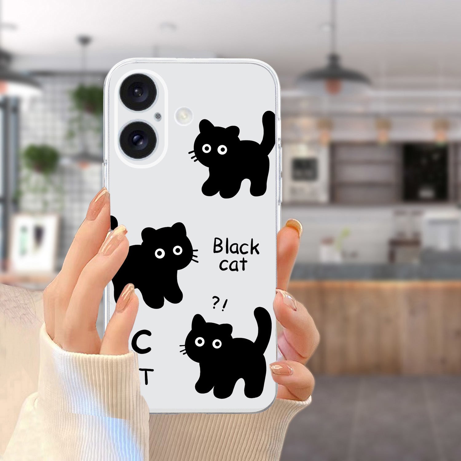 For iPhone 16 Case Soft TPU Pattern Printing Phone Cover with Transparent Edge - Black Cat