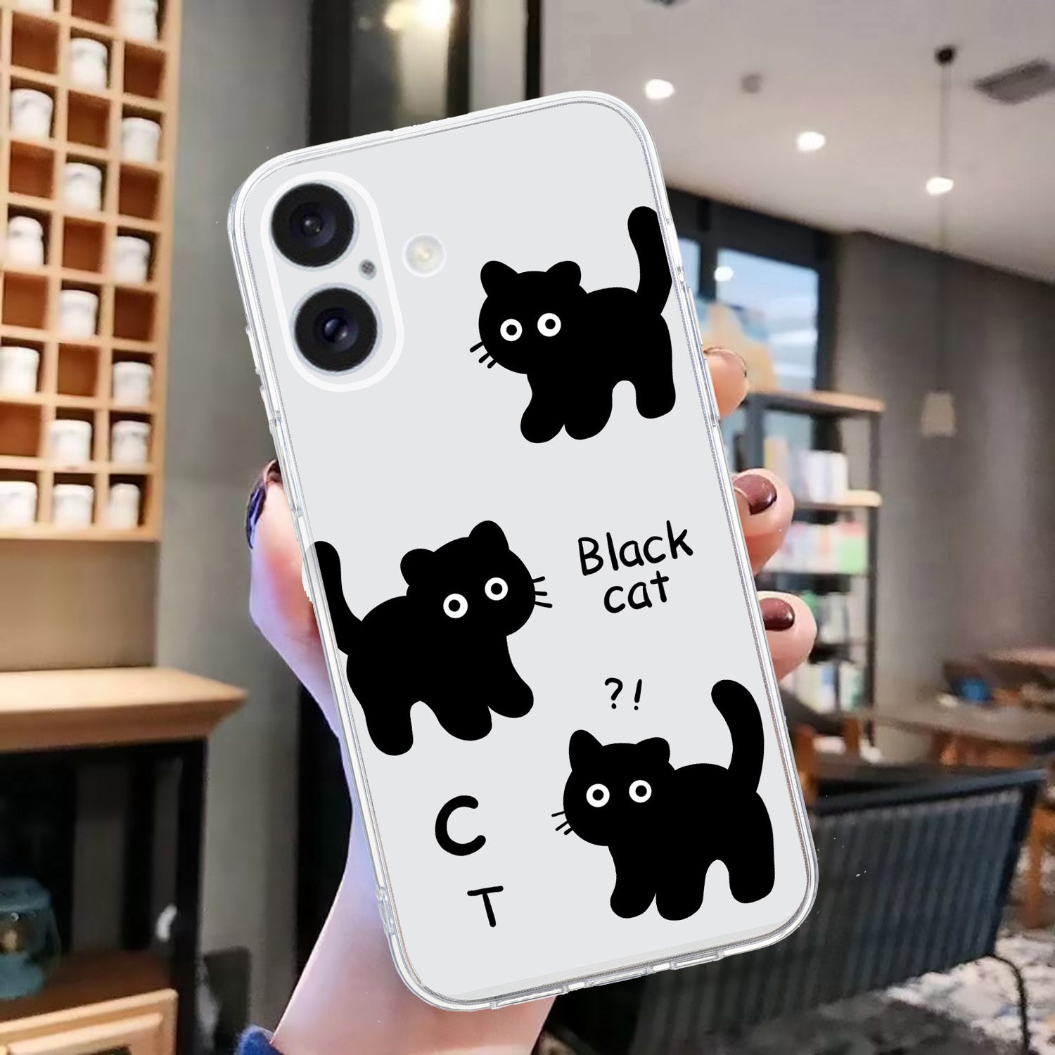 For iPhone 16 Case Soft TPU Pattern Printing Phone Cover with Transparent Edge - Black Cat