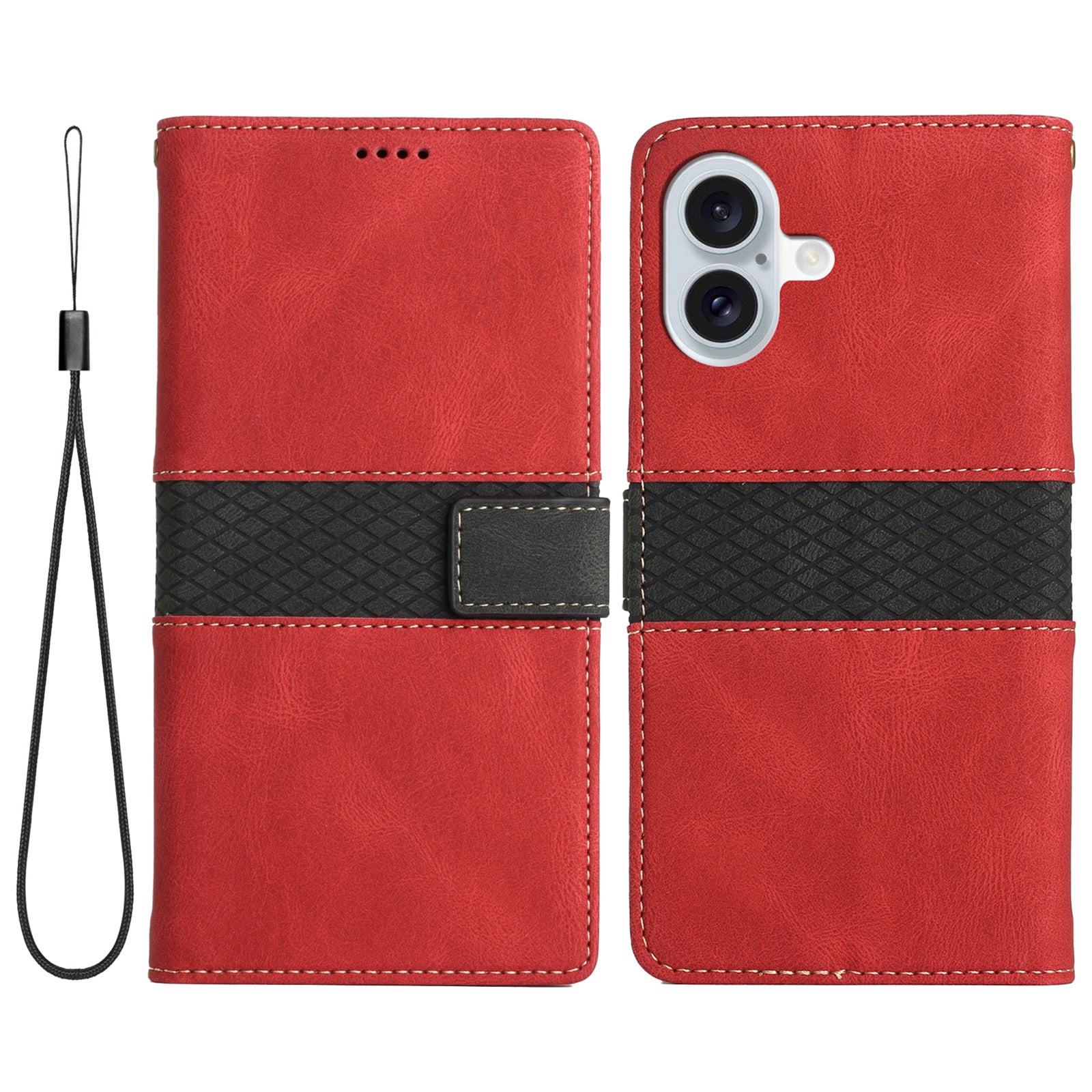 For iPhone 16 Case Grid Splicing Wallet Card Slots PU Leather Phone Cover - Red