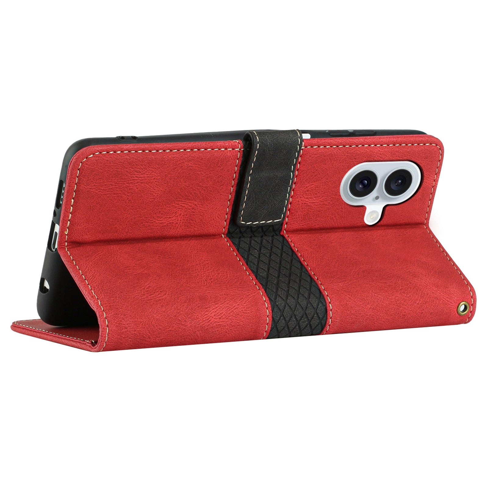 For iPhone 16 Case Grid Splicing Wallet Card Slots PU Leather Phone Cover - Red