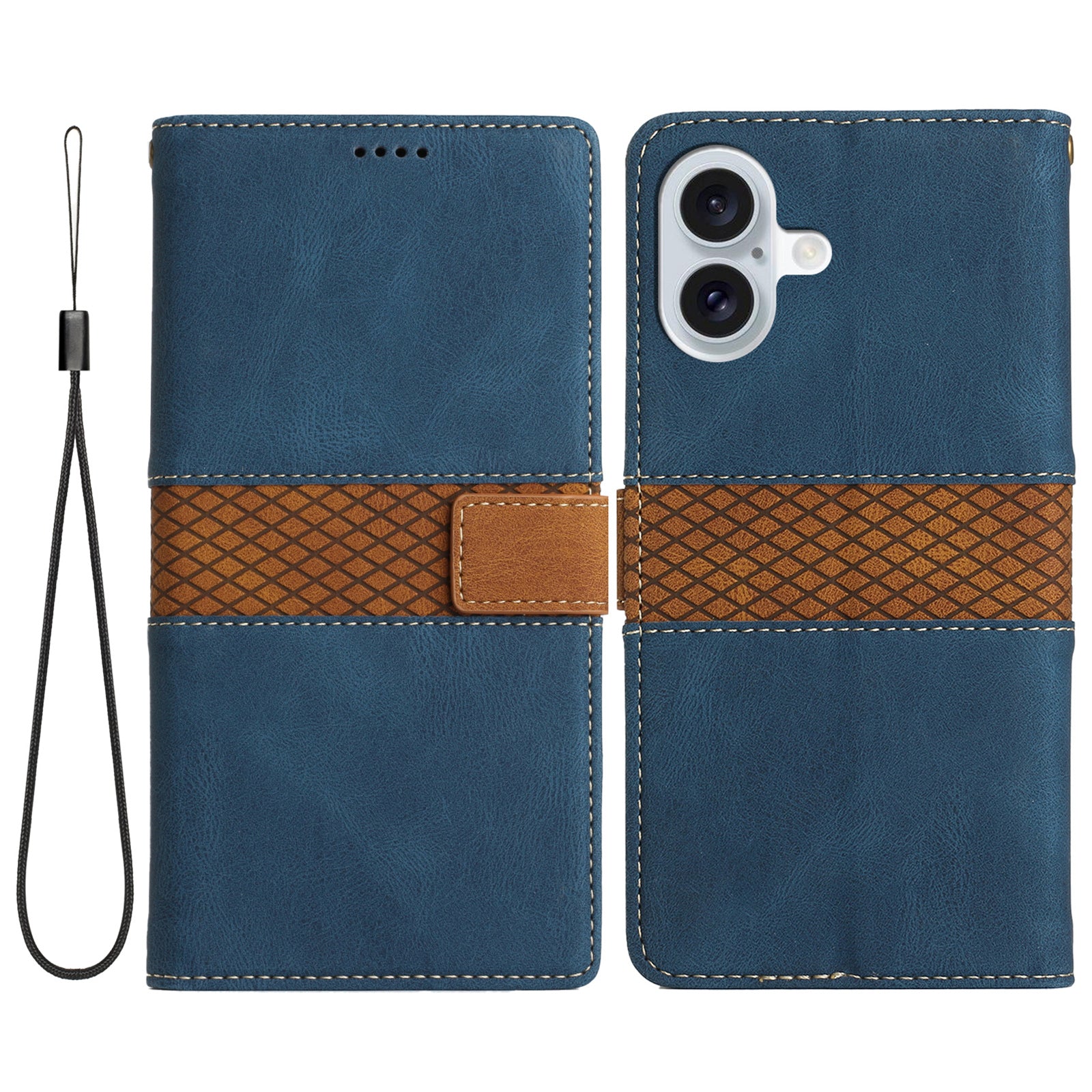 For iPhone 16 Case Grid Splicing Wallet Card Slots PU Leather Phone Cover - Blue