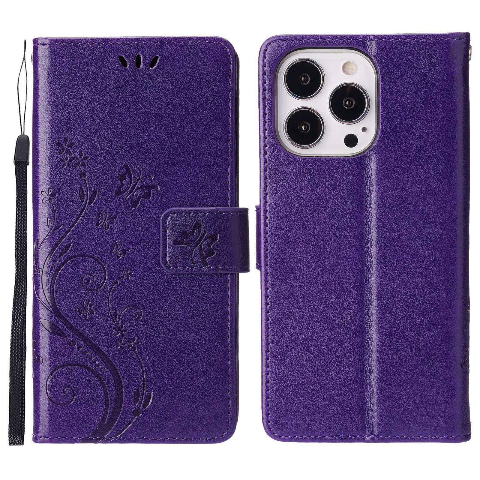 For iPhone 16 Pro Max Case Leather Phone Cover Butterfly Flower Pattern - Dark Purple