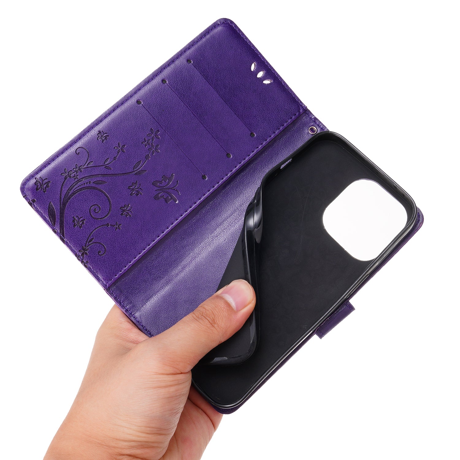 For iPhone 16 Pro Max Case Leather Phone Cover Butterfly Flower Pattern - Dark Purple