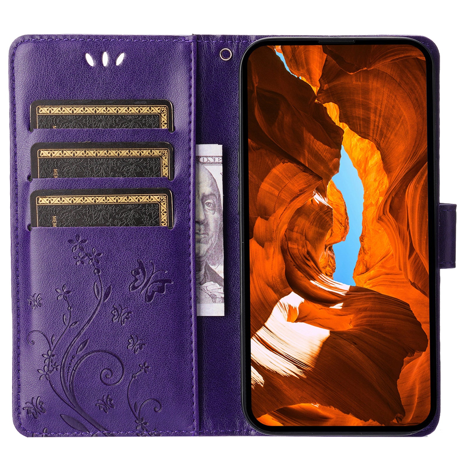 For iPhone 16 Pro Case Shockproof Butterfly Floral Leather Flip Phone Cover - Dark Purple