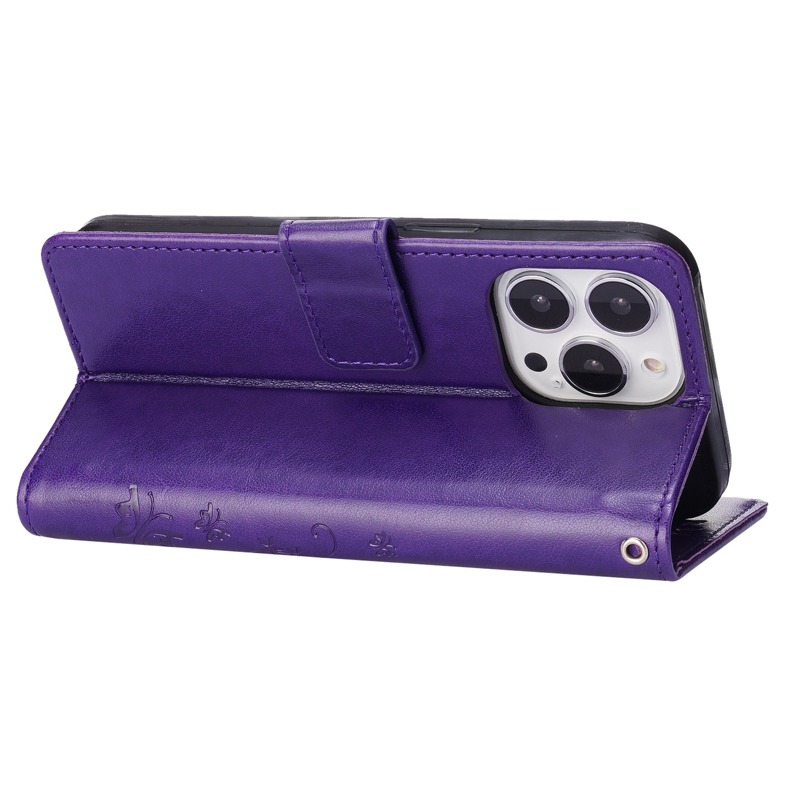 For iPhone 16 Pro Case Shockproof Butterfly Floral Leather Flip Phone Cover - Dark Purple