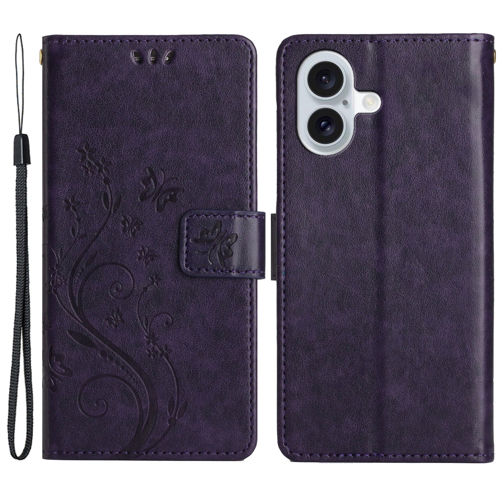 For iPhone 16 Plus Case Wallet PU Leather Butterfly Floral Phone Cover with Strap - Dark Purple