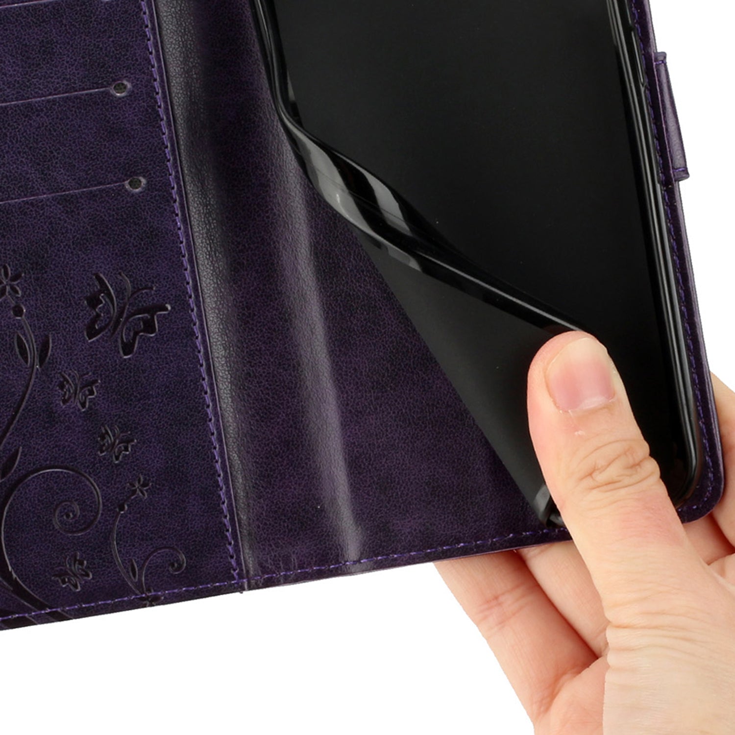 For iPhone 16 Plus Case Wallet PU Leather Butterfly Floral Phone Cover with Strap - Dark Purple