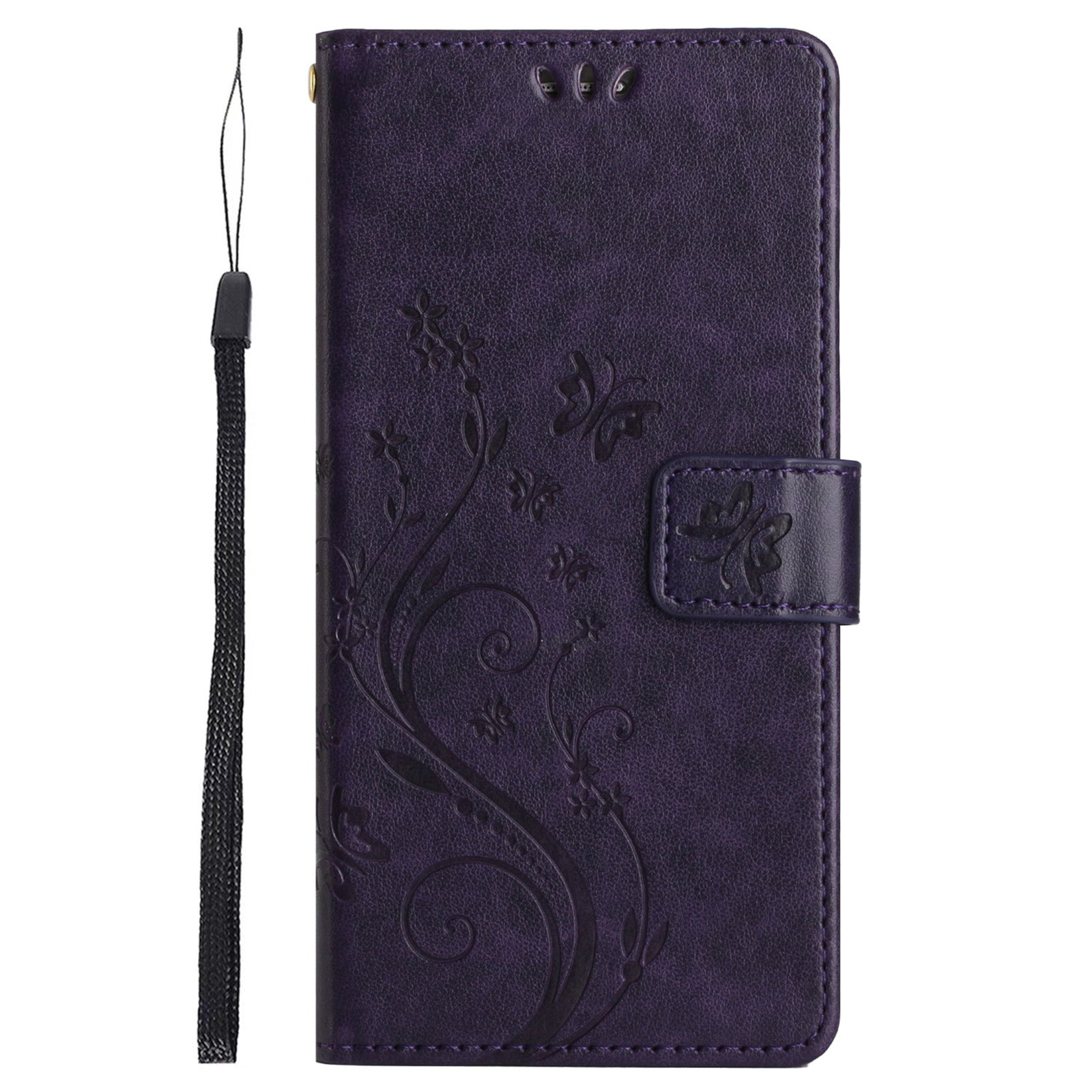 For iPhone 16 Plus Case Wallet PU Leather Butterfly Floral Phone Cover with Strap - Dark Purple