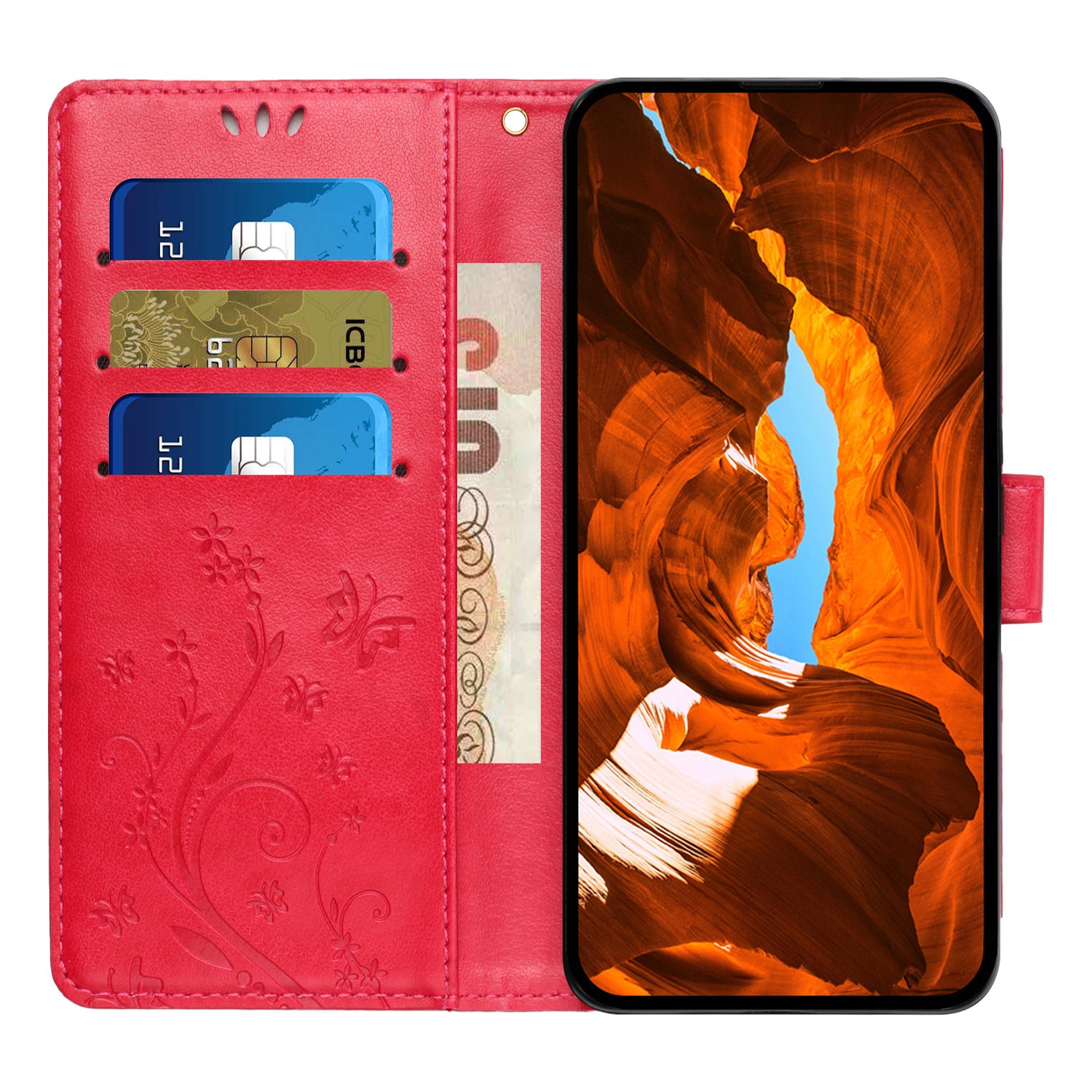 For iPhone 16 Case Flip Shockproof Butterfly Floral Leather Phone Cover - Red