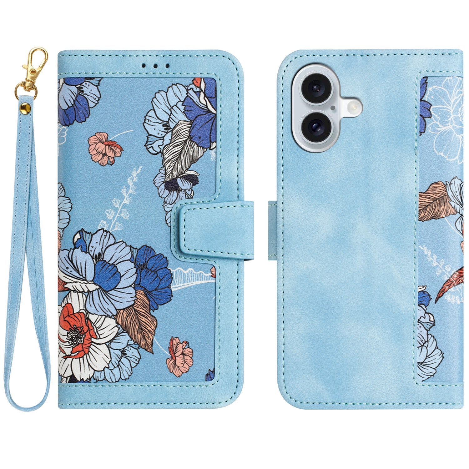 For iPhone 16 Case Flower Pattern PU Leather Phone Cover with Card Slots - Baby Blue