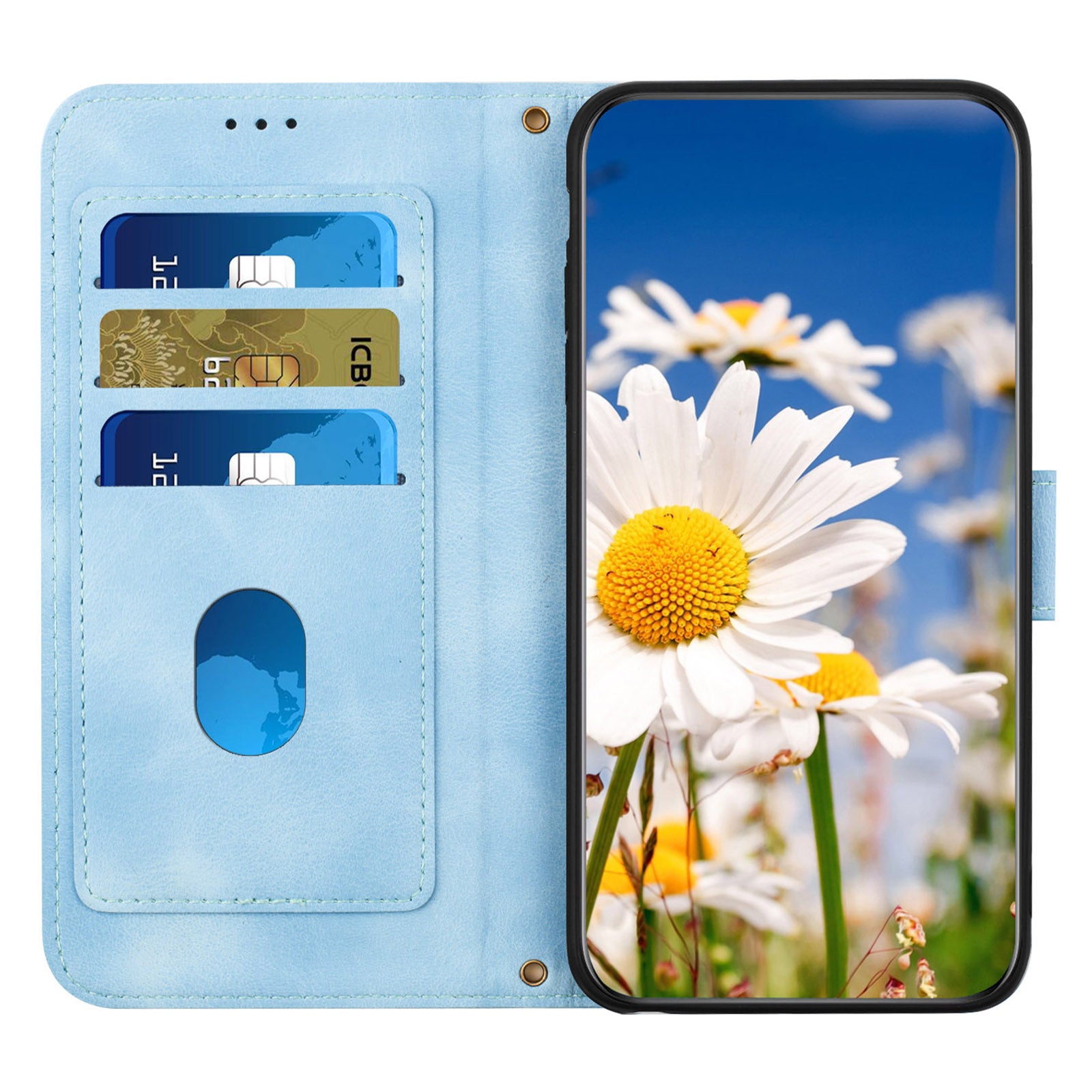 For iPhone 16 Case Flower Pattern PU Leather Phone Cover with Card Slots - Baby Blue