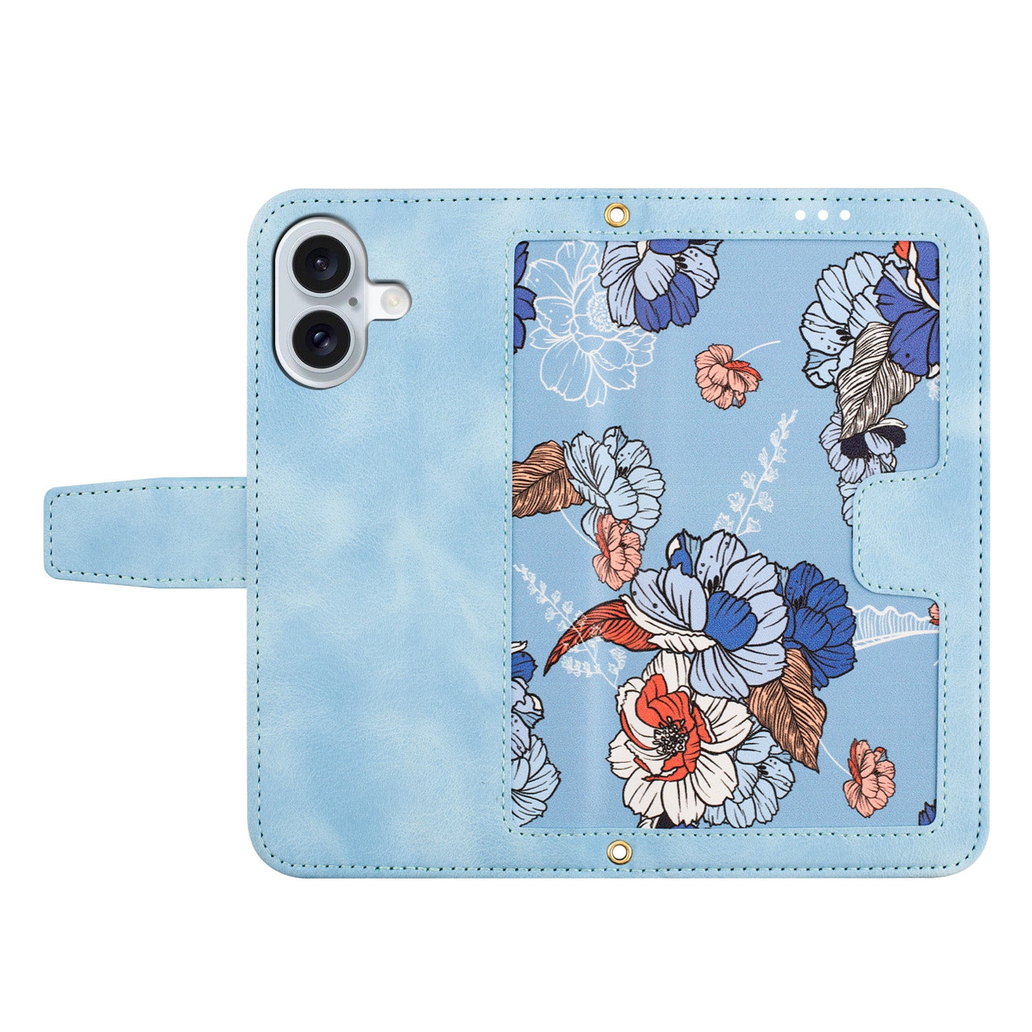 For iPhone 16 Case Flower Pattern PU Leather Phone Cover with Card Slots - Baby Blue